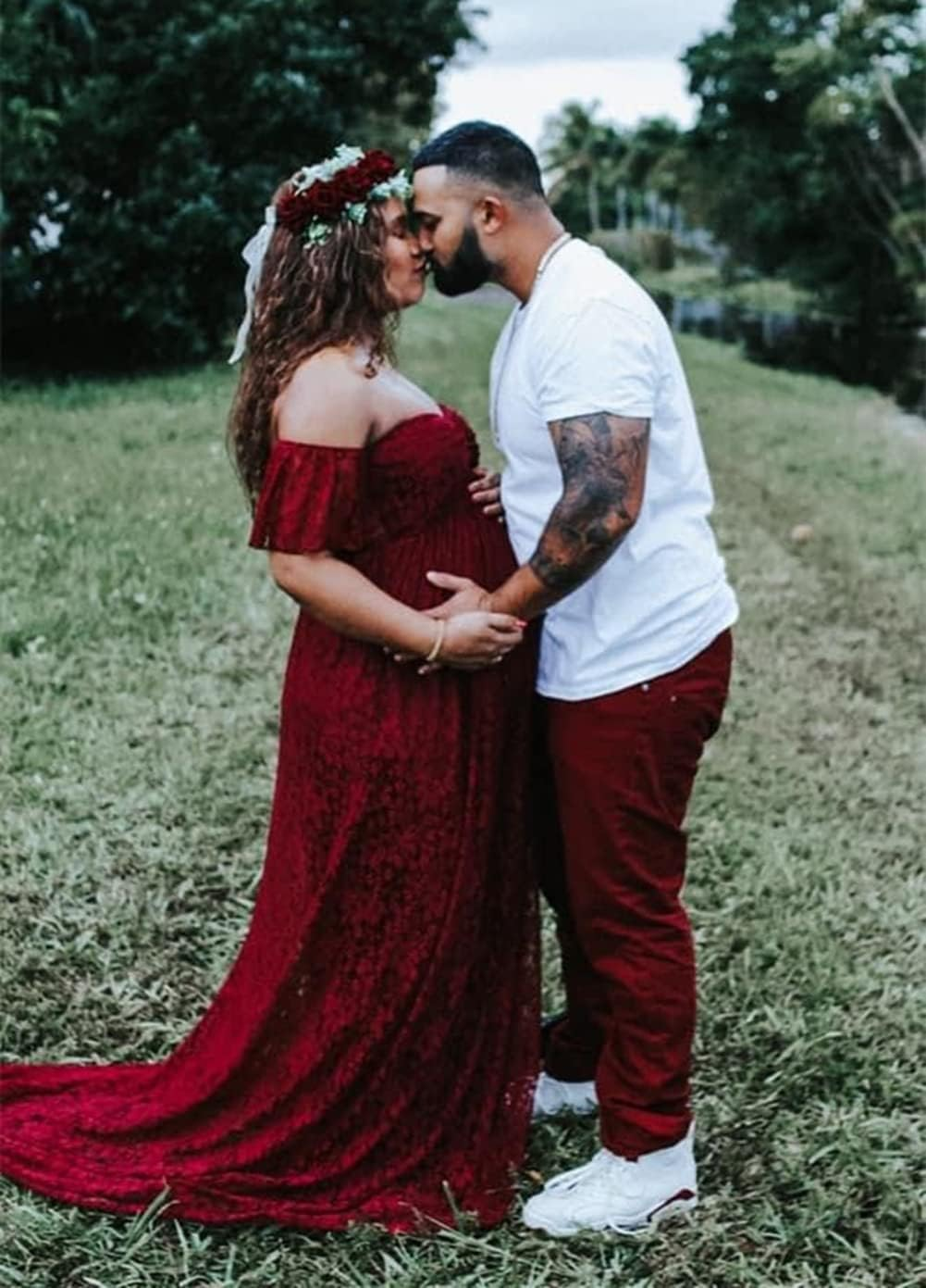 ZIUMUDY Photography Maternity Dress off Shoulder Lace Baby Shower Pregnant Wedding Dress image number 4