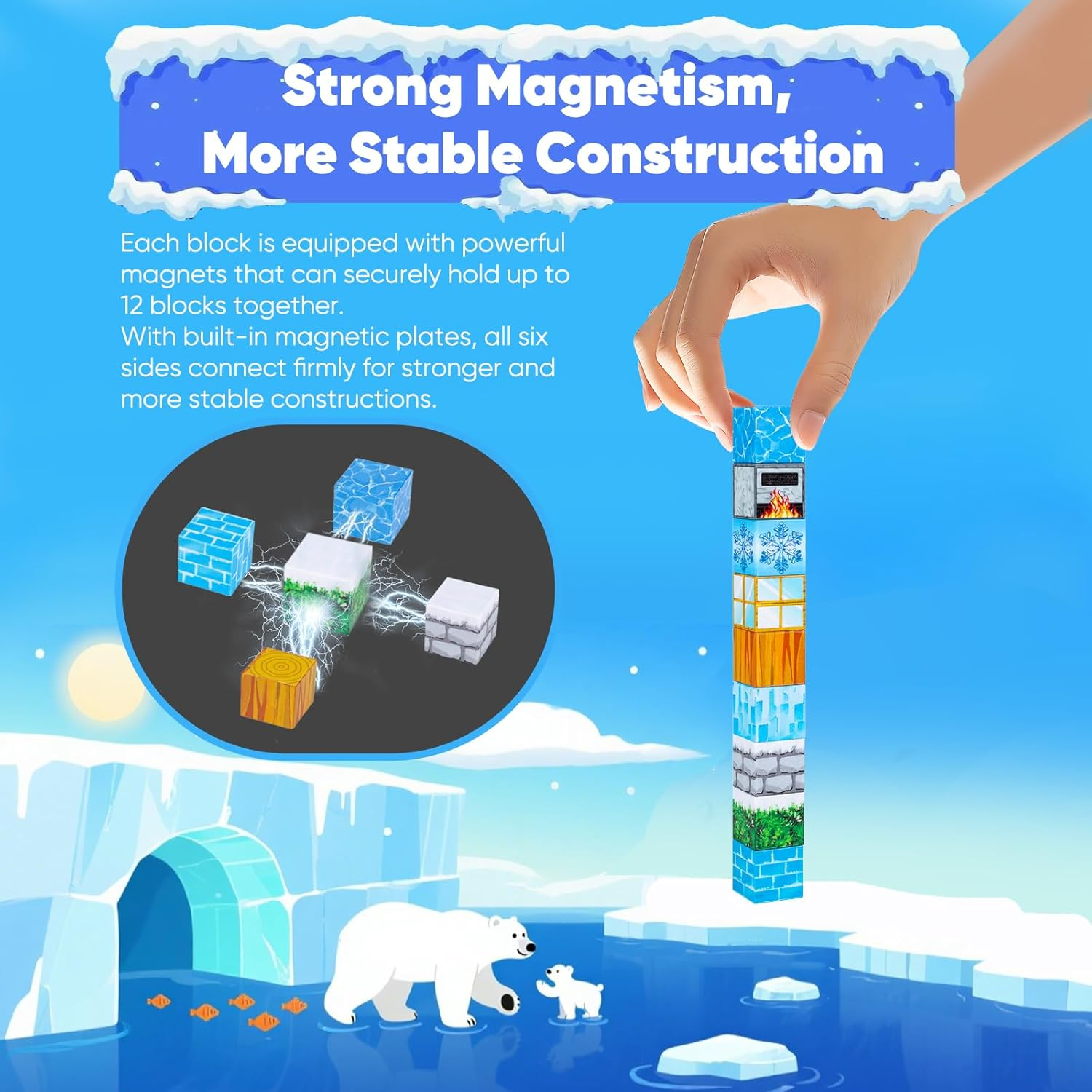 Ejo World 128-Piece LED Magnetic Building Blocks &ndash; Snow Adventure Set, Glowing STEM Learning Toys for Kids, Safe and Durable Magnet Blocks for Boys and Girls Ages 3+ image number 3
