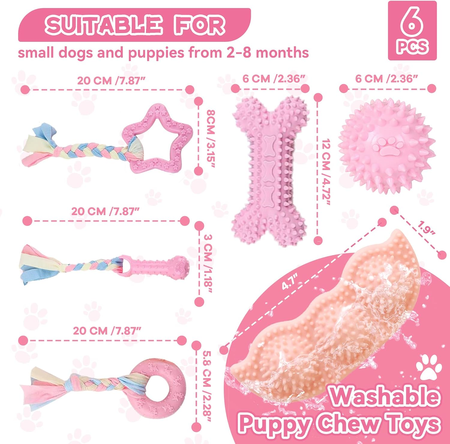 Petcare 6 Pack Puppy Chew Toys for Teething - Cute Pink Soft Rubber Rope Balls for Small Dogs, Yorkies - Fun Bones Clean Teeth image number 2