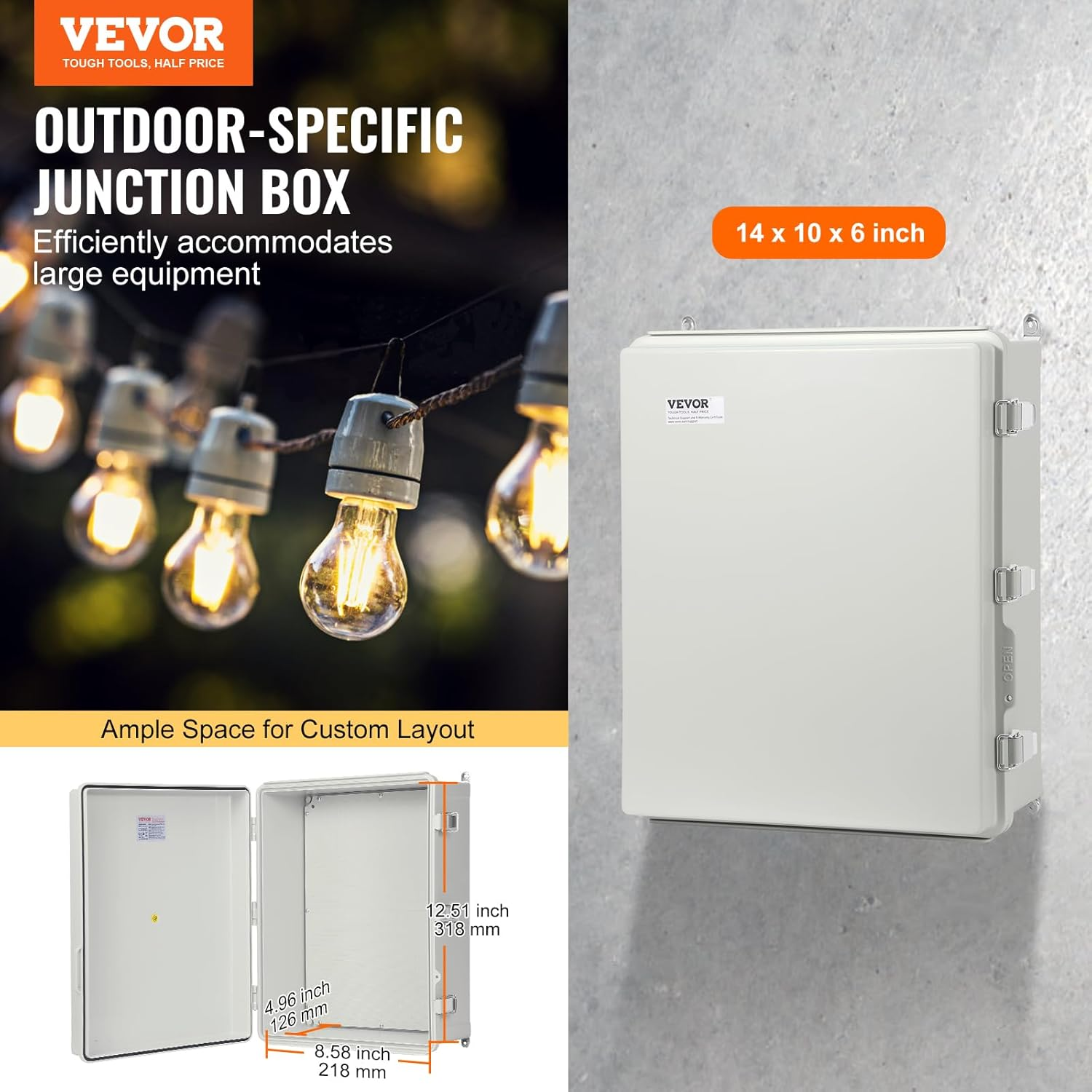 VEVOR Outdoor Junction Box, 350 X 250 X 150 Mm, ABS Plastic Enclosure with Hinged Cover Stainless Steel Latch, IP67 Dustproof Waterproof for Electrical Projects image number 4