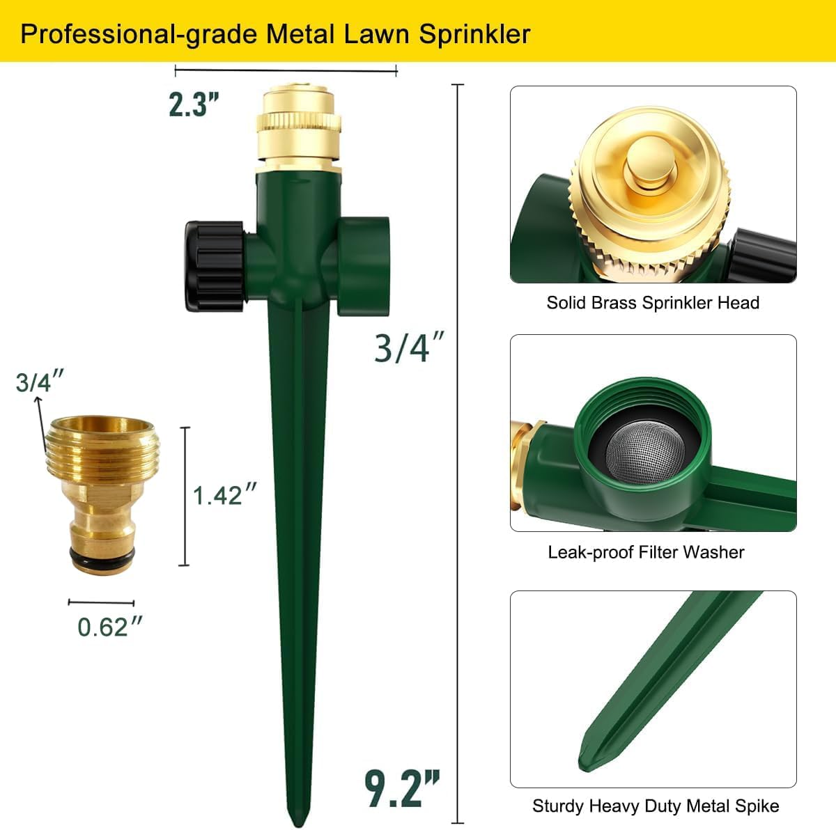 2 Pack Metal Lawn Sprinklers for Yard - Brass Garden Sprinklers with Stake Base and 360&deg; Adjustable Sprinkler Heads for Large Mulched Lawns and Yard Irrigation