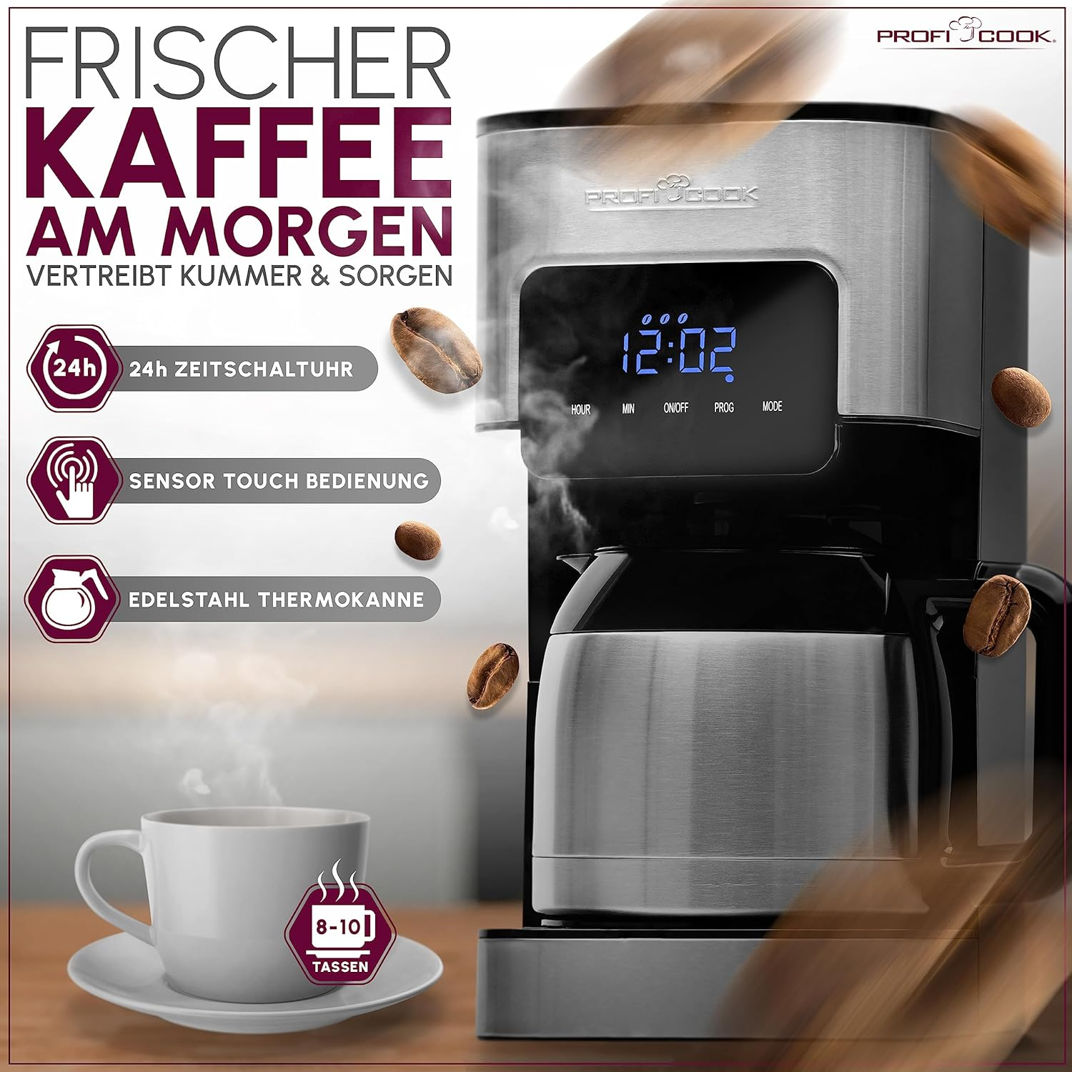 Profi Cook PC-KA 1191 Coffee Machine, 8-10 Cups, Timer, Sensor Touch Control, Double-Walled Thermos Flask with 1.2 Litre Volume, Aroma Closure, Stainless Steel Filter Coffee Machine, image number 4