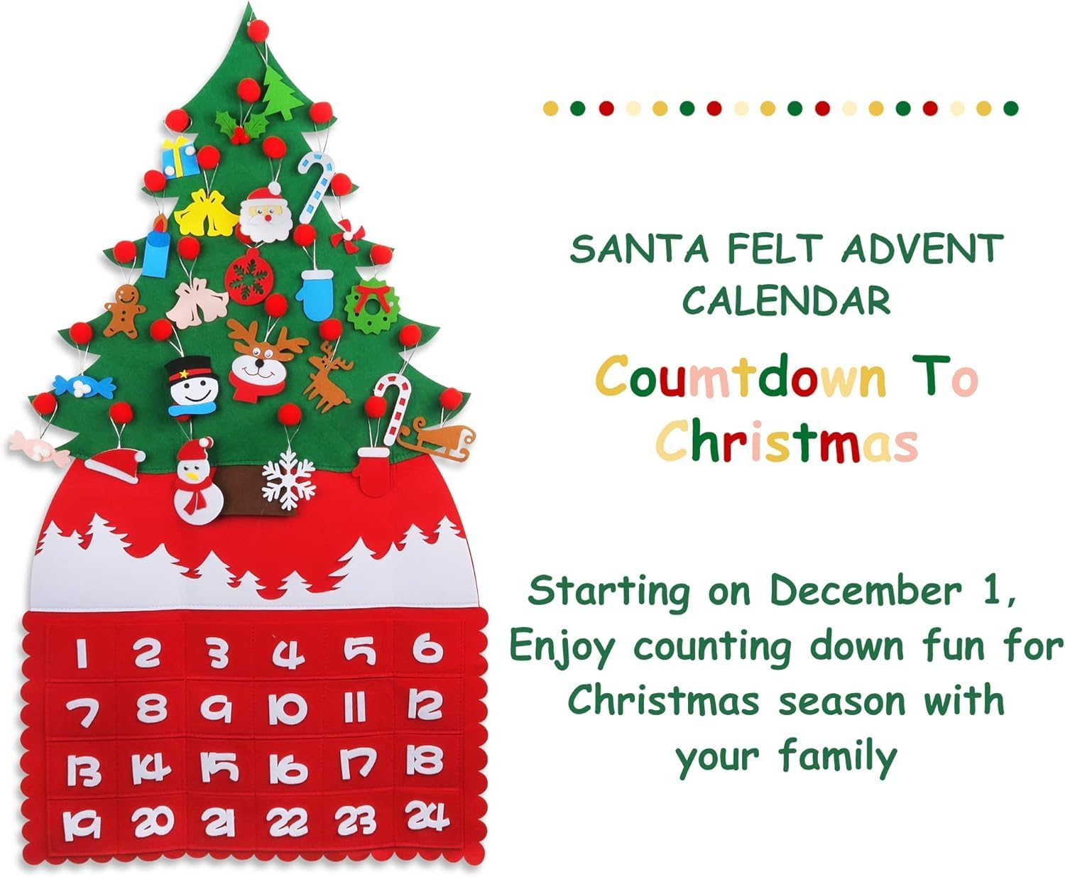 Christmas Advent Calendar 2024, DIY Xmas Tree Felt Countdown Calendar with 24Pcs Reusable Detachable Ornaments for Kids Gifts Wall Door Hanging Decoration Home Office Classroom Holiday Decor image number 3