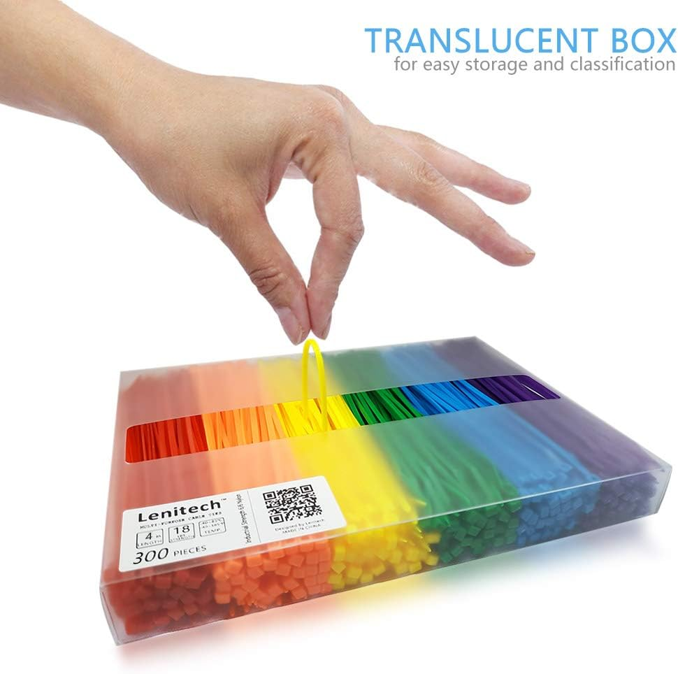 Lenitech 4Inch Multi-Purpose Assorted Cable Zip Ties, 300 Pieces, Colored Black White, Multicolored image number 3