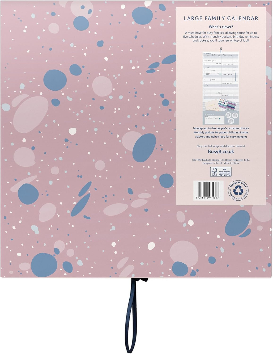 Busy B Large Family Wall Calendar 2025 &ndash; Pink Spray Design with 5 Columns & Storage Pockets - Monthly 2025 Calendar for Busy Families with Colour-Coded Stickers - 30.5 X 30.5Cm