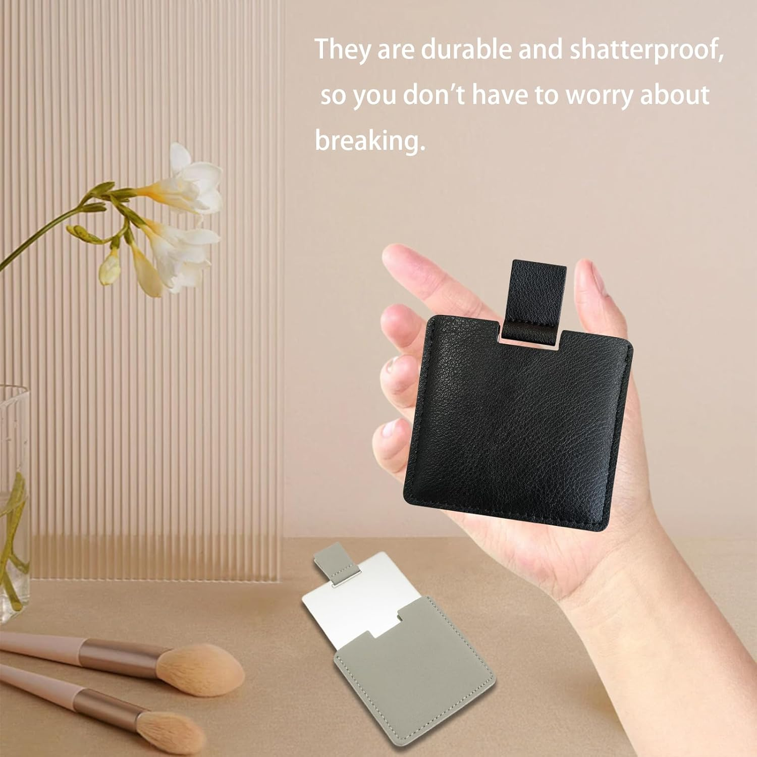 Fkereg 2 Pack Small Compact Mirror for Purse with Cover, Stainless Steel Cute Pocket Mirror, Square Mini Travel Mirror, Portable Handheld Tiny Makeup Cosmetic Mirror for Women Girl Men (Black) image number 2