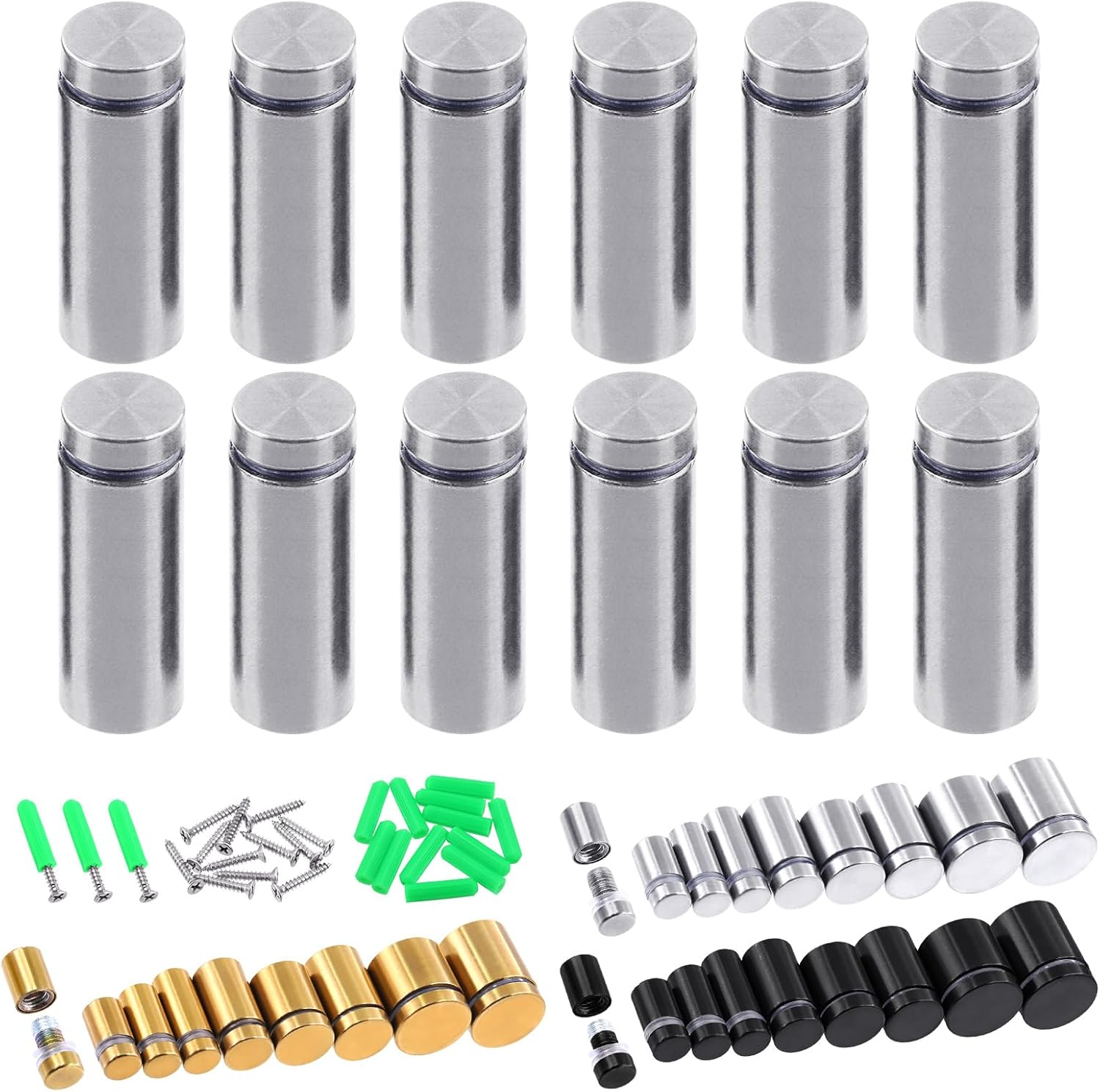 Swpeet 12 Sets 5/8" X 2" Silver Stainless Steel Standoff Screws, Wall Standoff Mounts Glass Acrylic Nail with Screws and Wall Anchors, Mounting Glass Hardware for Hanging Picture Frame Advertise