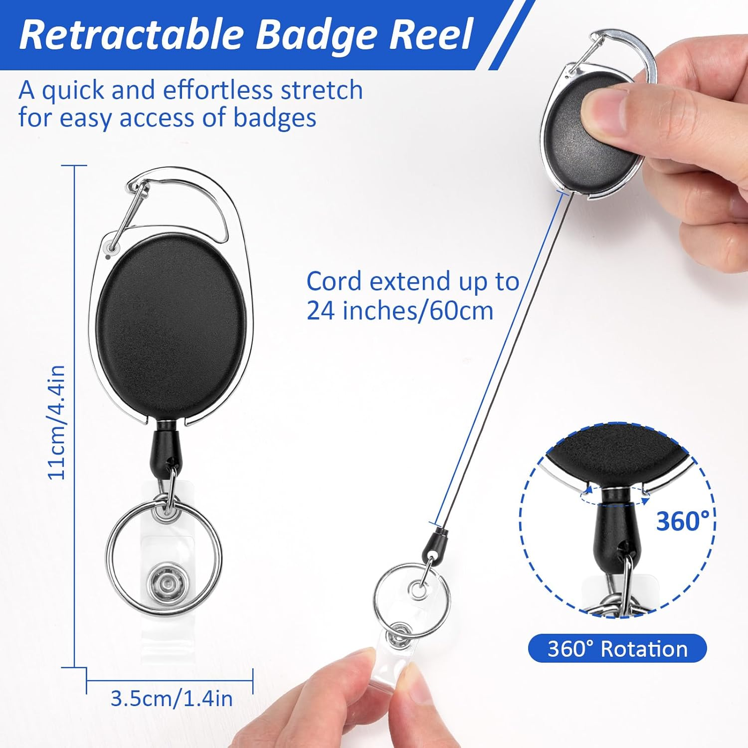 Heavy Duty Retractable Badge Holders with Carabiner Reel Clip and Extra Thick Clear Name Tag ID Card Holders,1Pcs Horizontal Waterproof Card Protector+3 Extra Key Chain Carabiner