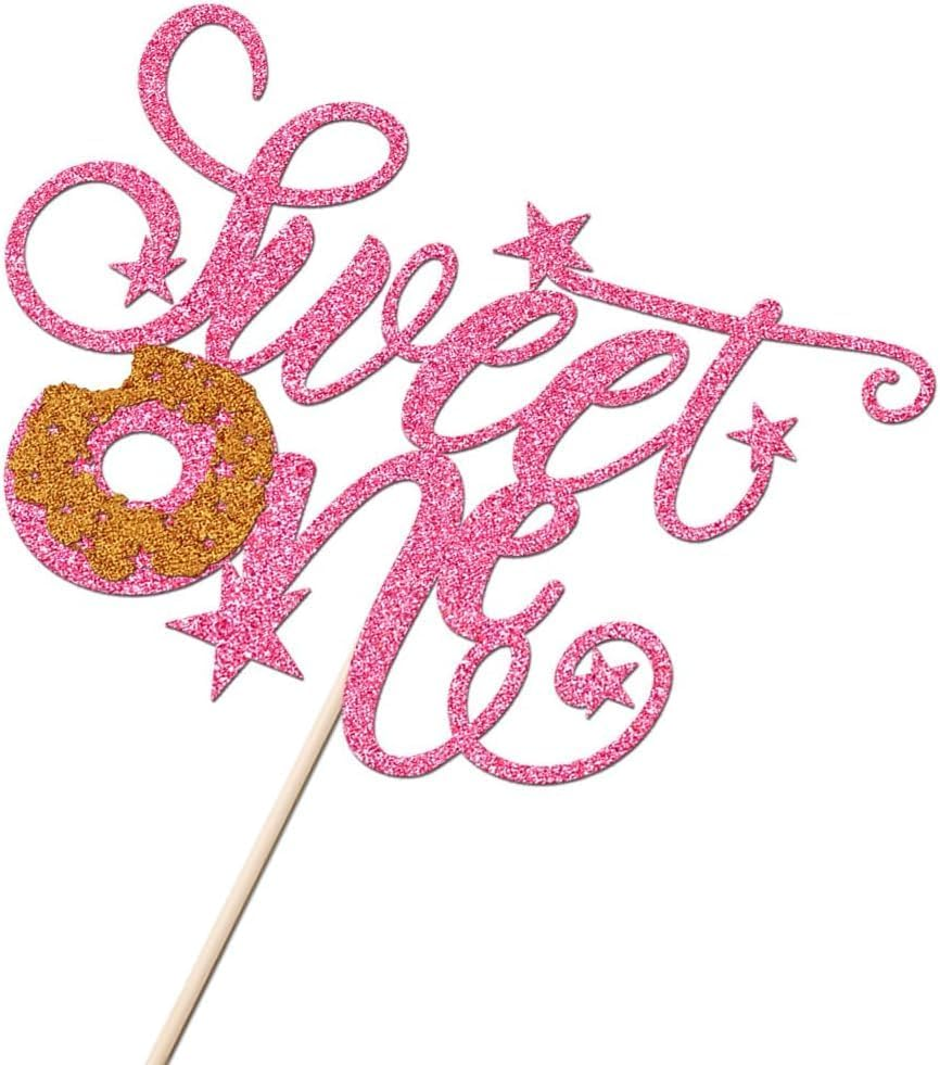 Confetti! Sweet Donut One Cake Topper | Candyland Sweet One | First Birthday Party Supplies | Baby Shower Decor，Donut 1St Themed Baby Shower Birthday Party Cake Supplies (Pink Glitter) image number 5