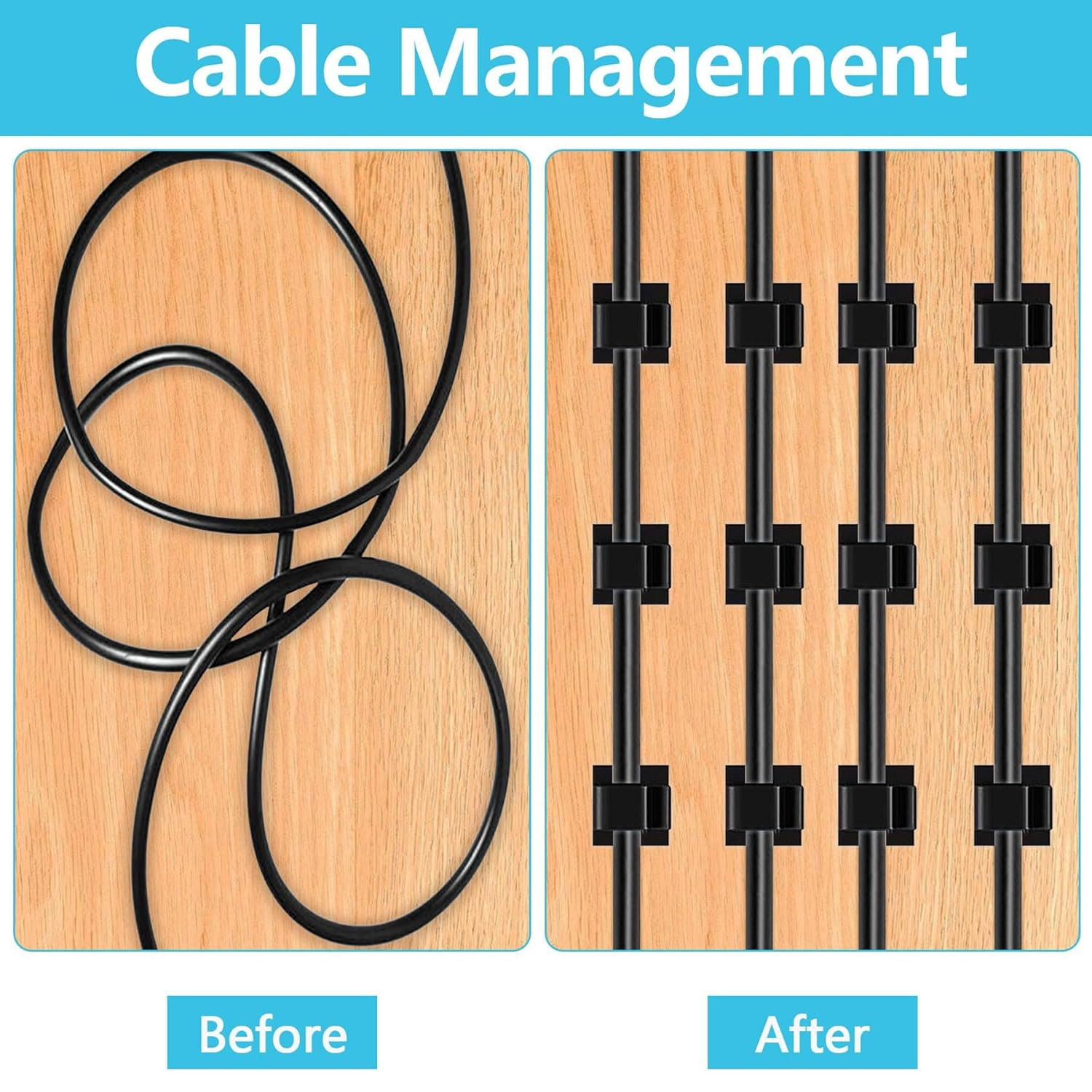 100PCS Adhesive Cable Clips, Wire Organizer Cord Management, Cable Staples Outdoor Strong Cord Clips for Wall, Desk, Christmas Lights, String Lights, TV PC Ethernet Cable, Black Small image number 3