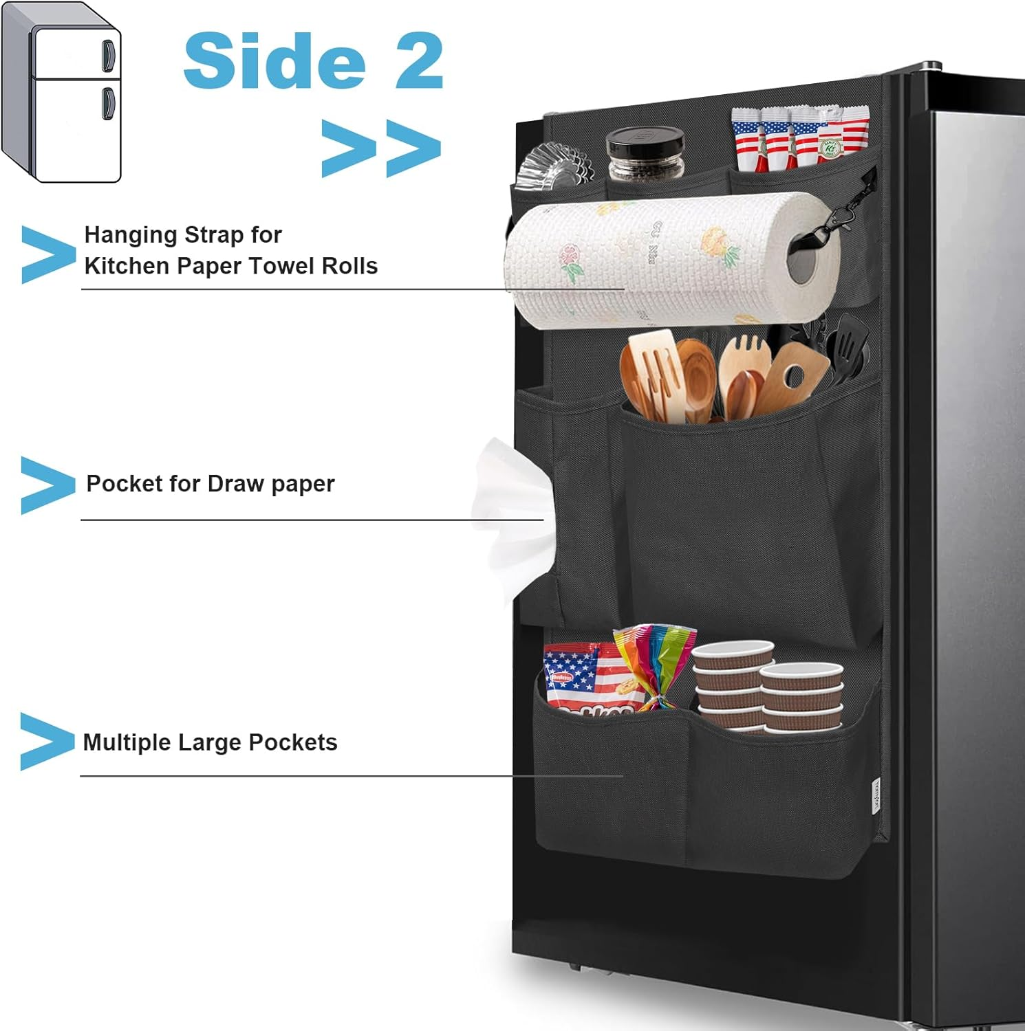 Mini Fridge Organizer, over the Fridge Storage Organizer with 14 Pockets, College Dorm Fridge Storage for Office, Kitchen, Home, School, Black image number 1