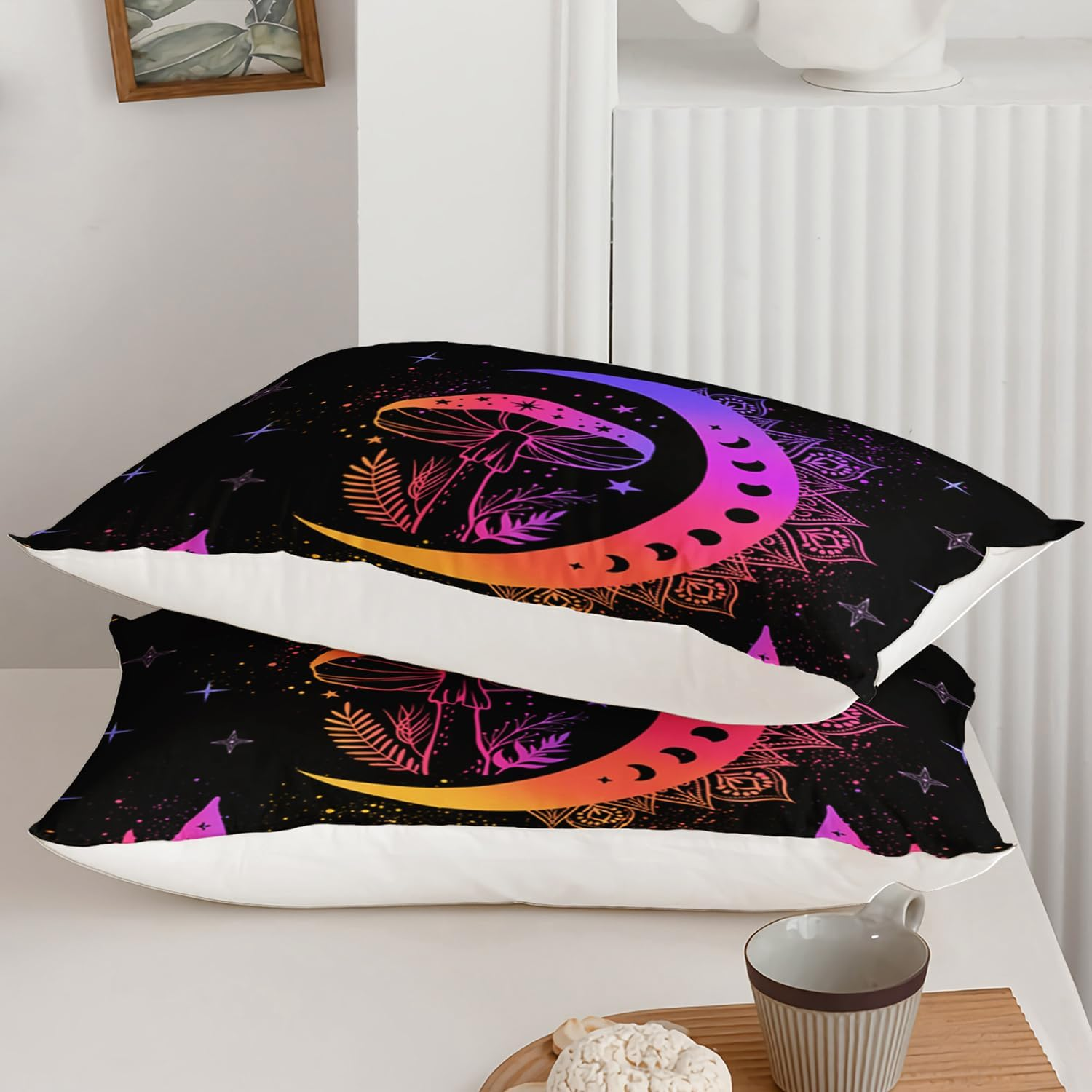 AILONEN Sun and Moon Duvet Cover Set Queen Size, Bohemian Bedding Set,Magical Mushroom Comforter Cover Set,Boys Girls Gradient Celestial Duvet Cover Set 3 Pieces, 1 Quilt Cover and 2 Pillowcase image number 1