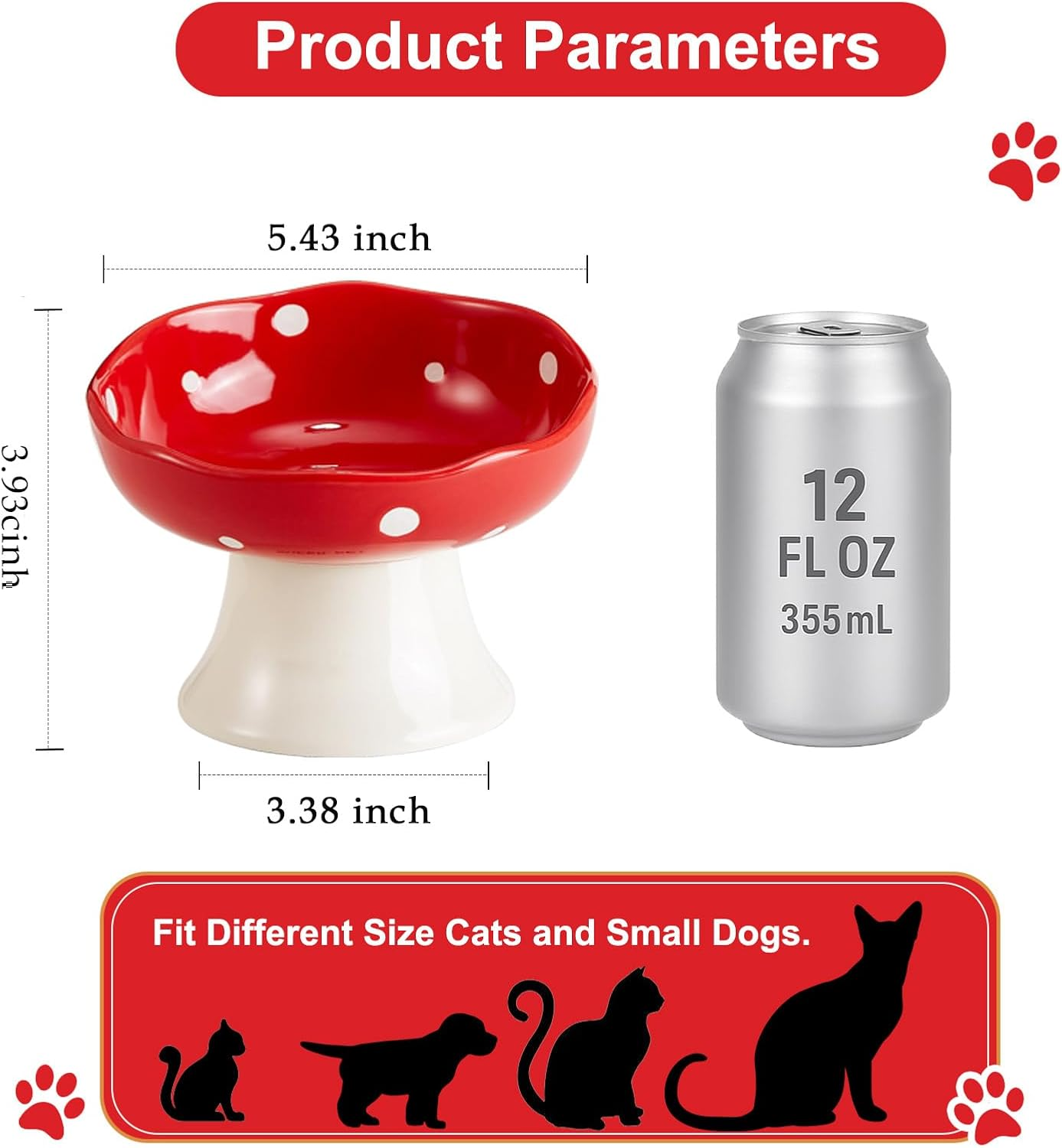 Ceramic Elevated Cat Bowls, Tilted Raised Pet Dish anti Vomit Kitten Bowl for Indoor Cats, Whisker Friendly Pet Food and Water Bowl for Kitten, Cat, Puppies, Dishwasher Safe (Red) - Red image number 3