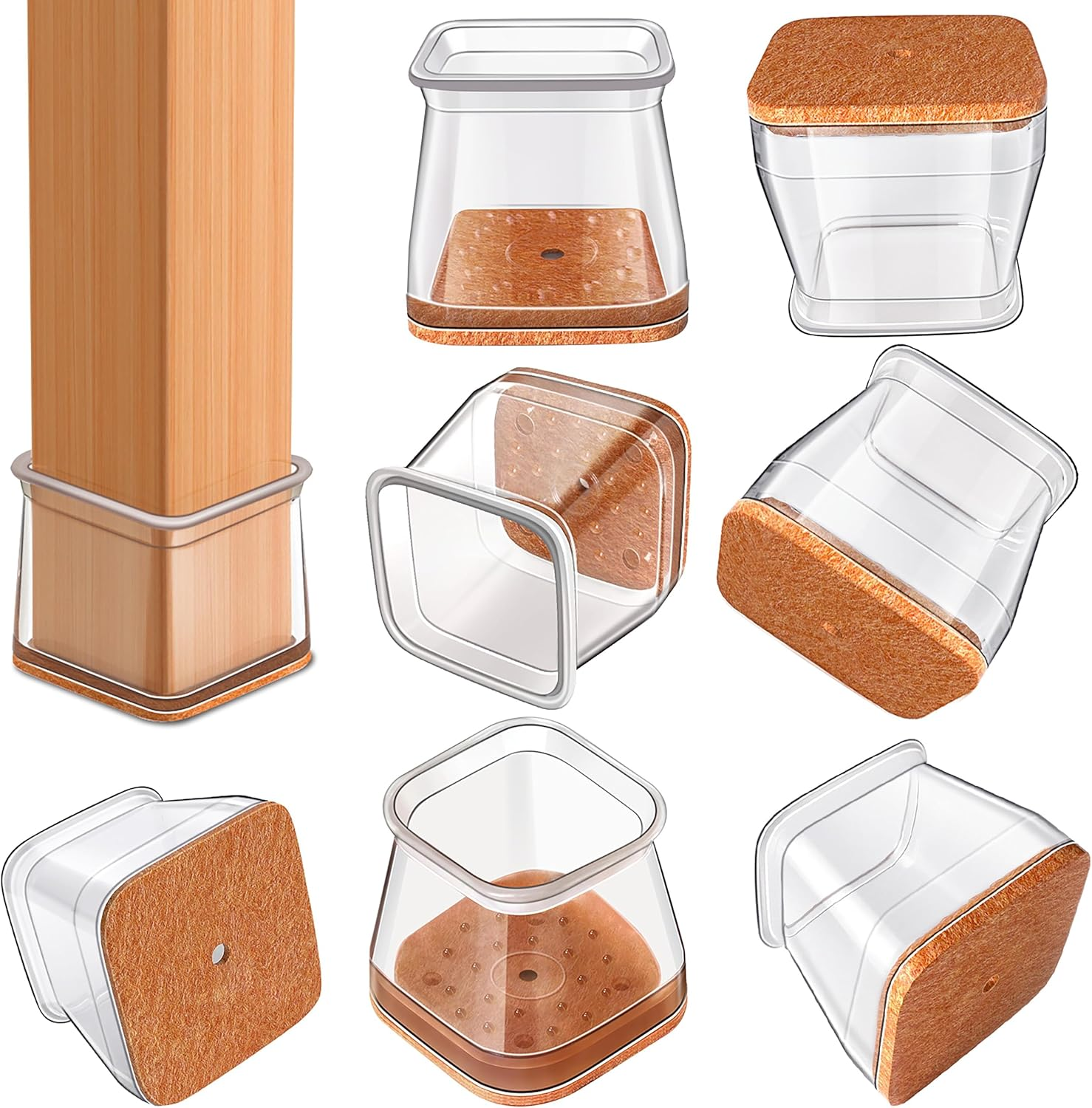 RUSIDO Pack of 35 Square Chair Leg Caps (For Side Length: 26-40 Mm), Clear Chair Leg Protectors, Chair Gliders, Silicone Protective Caps for Chair Legs, Felt Glides for Wooden Floors, Floor From