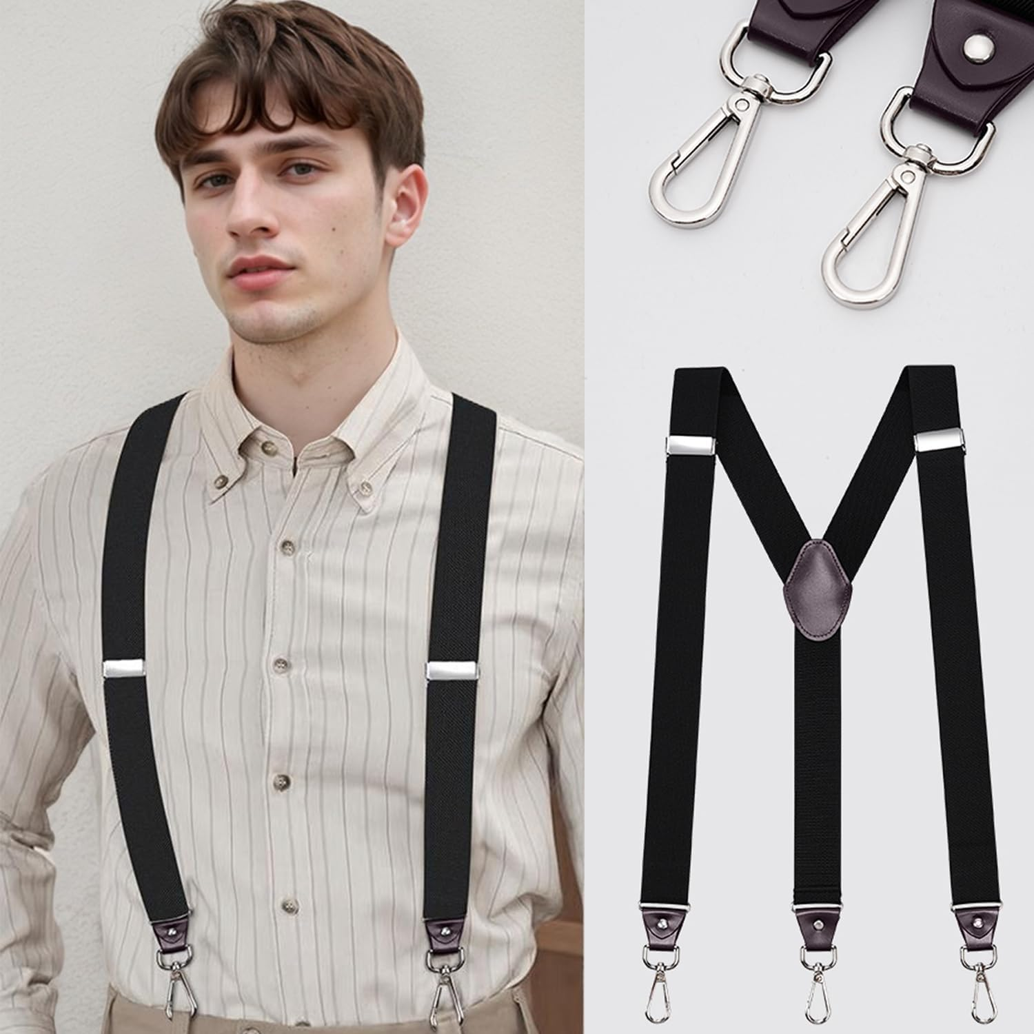 Suspenders for Men,Adjustable Suspenders with 3 Hooks,Elastic Straps Design,Y-Back Costume Suspender Heavy Duty for Work by H HOME-MART - Coffee image number 7
