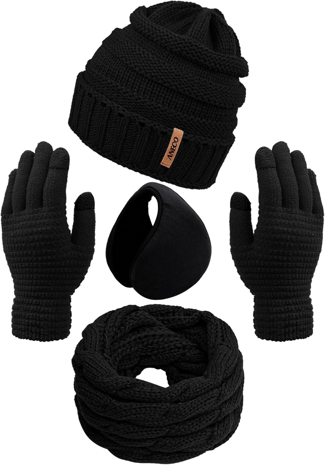 Aneco Winter Warm Sets Knitted Scarf Beanie Hat Touch Screen Gloves and Winter Ear Warmer for Men or Women