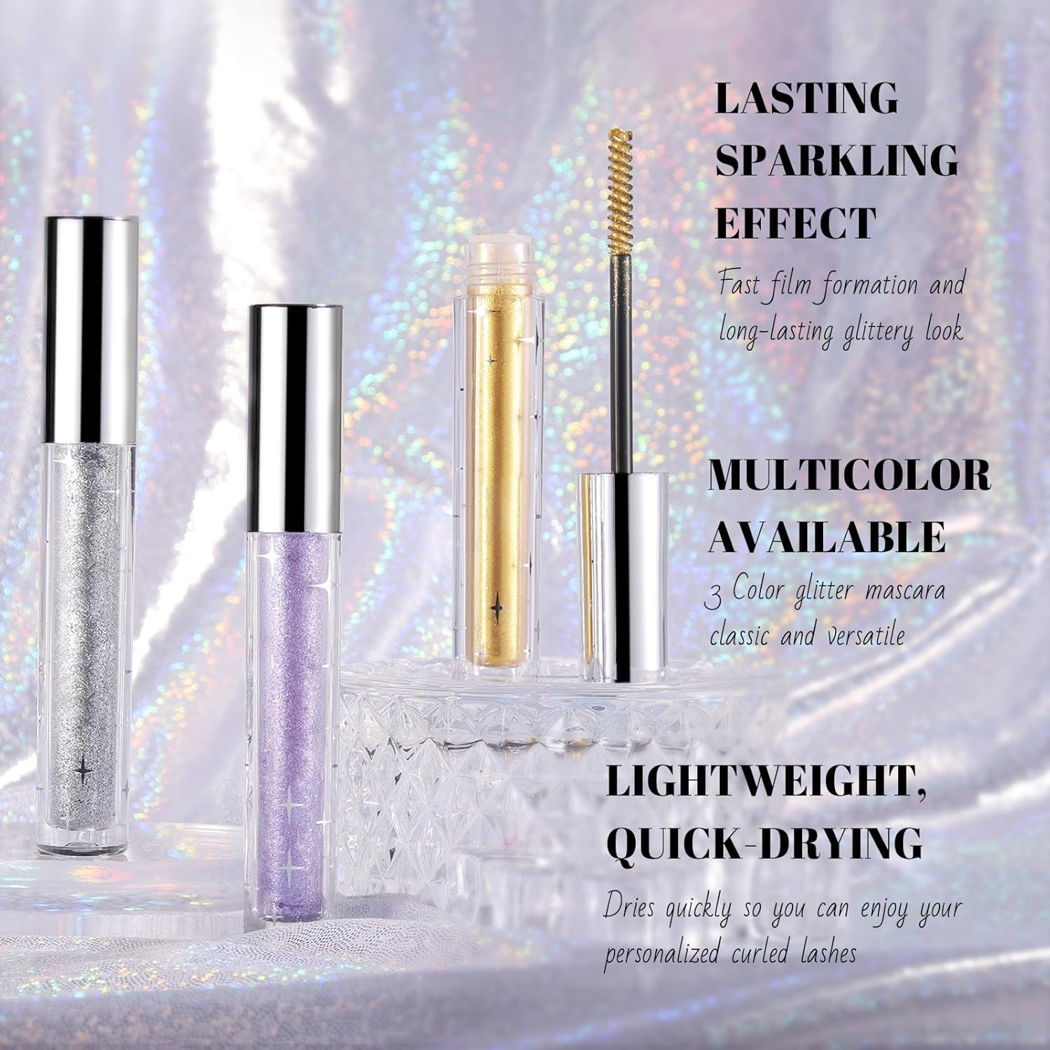 DAGEDA Silver Glitter Mascara, Quick-Dry Diamond Sparkly Mascara for Eyelashes, Long Lasting Curling Volumizing Mascara Makeup, Lightweight Colored Mascara Makeup Suitable for Party,Stage,Festival image number 3