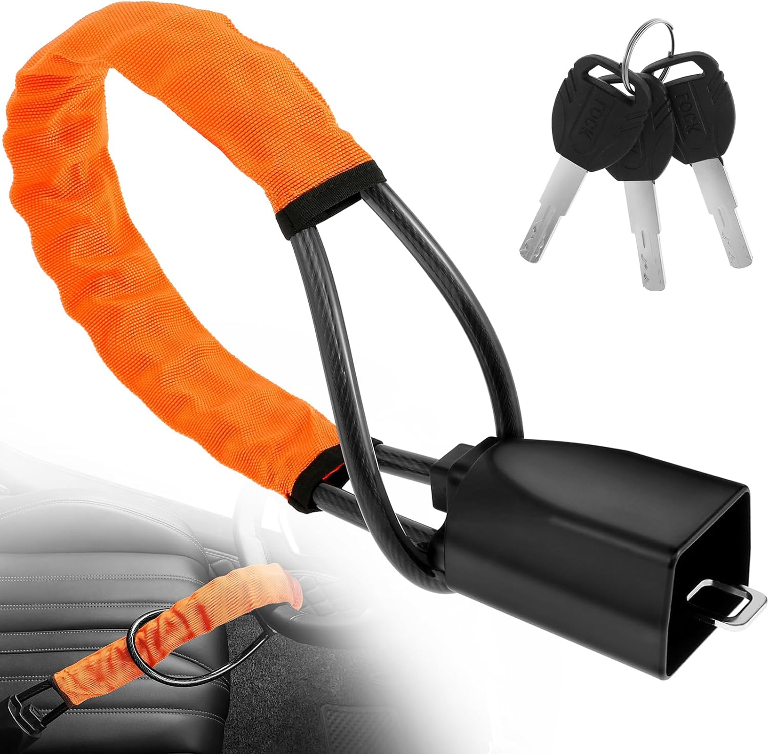 Auto Security Lock, Steering Wheel Lock Car Lock Rope with 3 Keys, Anti-Theft Car Seat Belt Lock, Orange image number 6