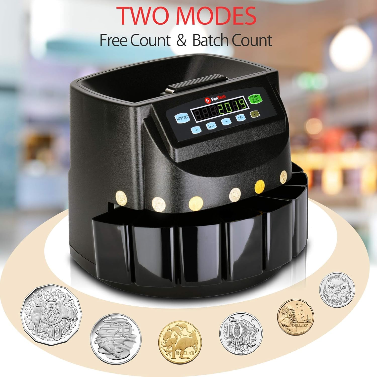 Pantech Australian Coin Counter-Money Coin Counting Machine - High-Speed Coin Sorter, up to 330 Units/Min &ndash; Black Color - LCD Display, Anti-Jam Function, Large Capacity Hopper image number 4