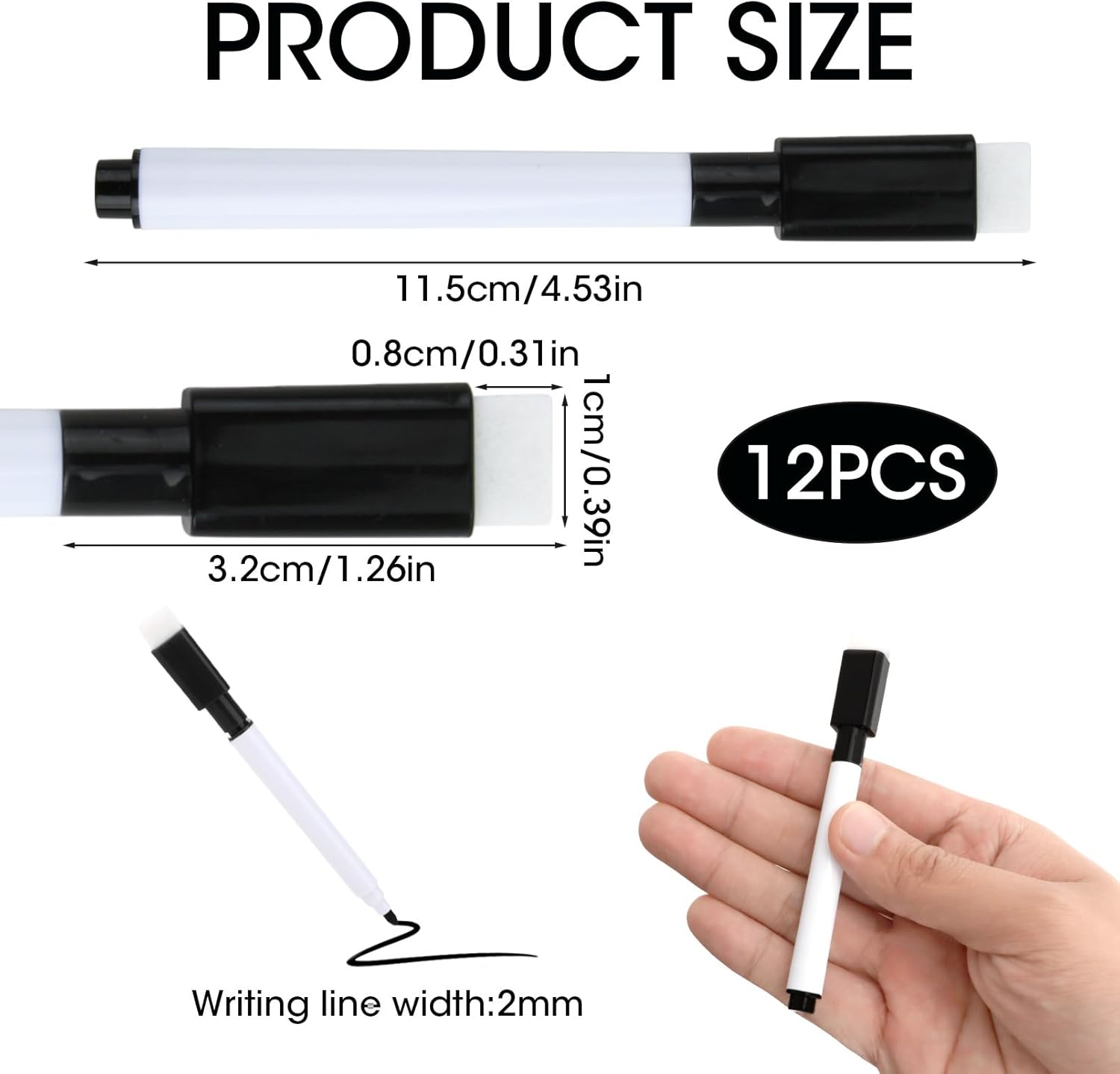 12 Pcs Whiteboard Marker with Eraser, Dry Erasable Markers Fine Point Tip Black with Eraser Cap, White Board Pens for School Office Home Teacher Student Supplies image number 4
