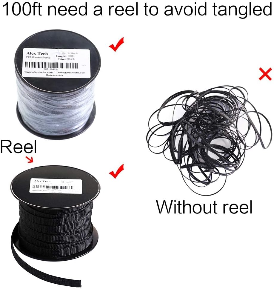 100Ft - 1/2 Inch PET Expandable Braided Sleeving &ndash; Black &ndash; Alex Tech Braided Cable Sleeve image number 2