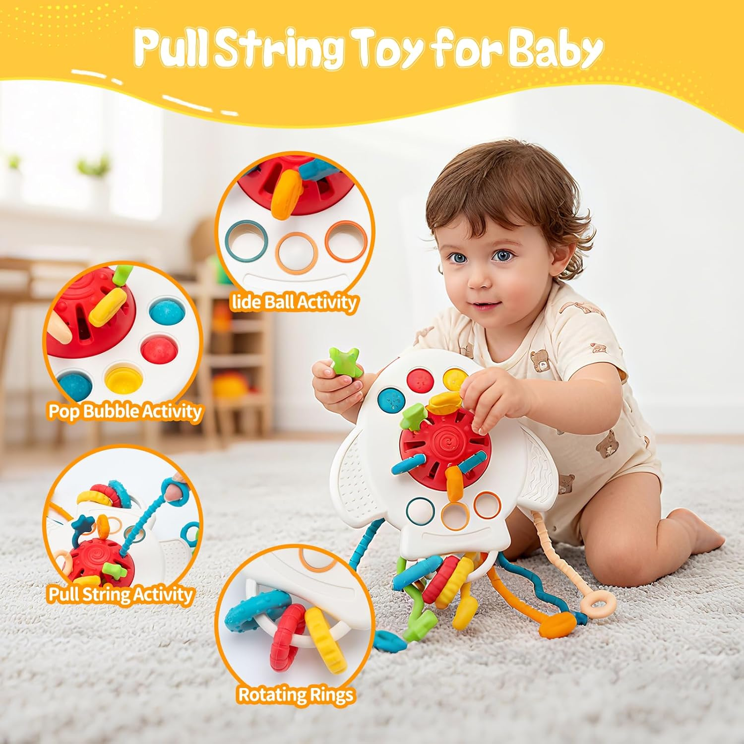 Baby Toys 6-12 Months, 5 in 1 Montessori Toys for Baby, Infant Soft Building Blocks, Stacking Rings, Pull String, Tissue Box and Shape Sorter Cube Toy, Toddlers Aged 1-3