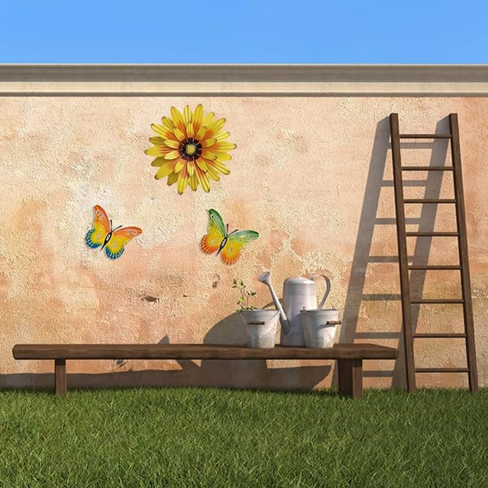 3 Pack Metal Flowers Wall Decor and Butterfly Wall Decor Art -Outdoor Wall Art Decor for Garden Yard Living Room Bedroom Patio Balcony Hanging Decoration,Wall Sculptures for Deck Decor,Porch, Bedroom image number 5