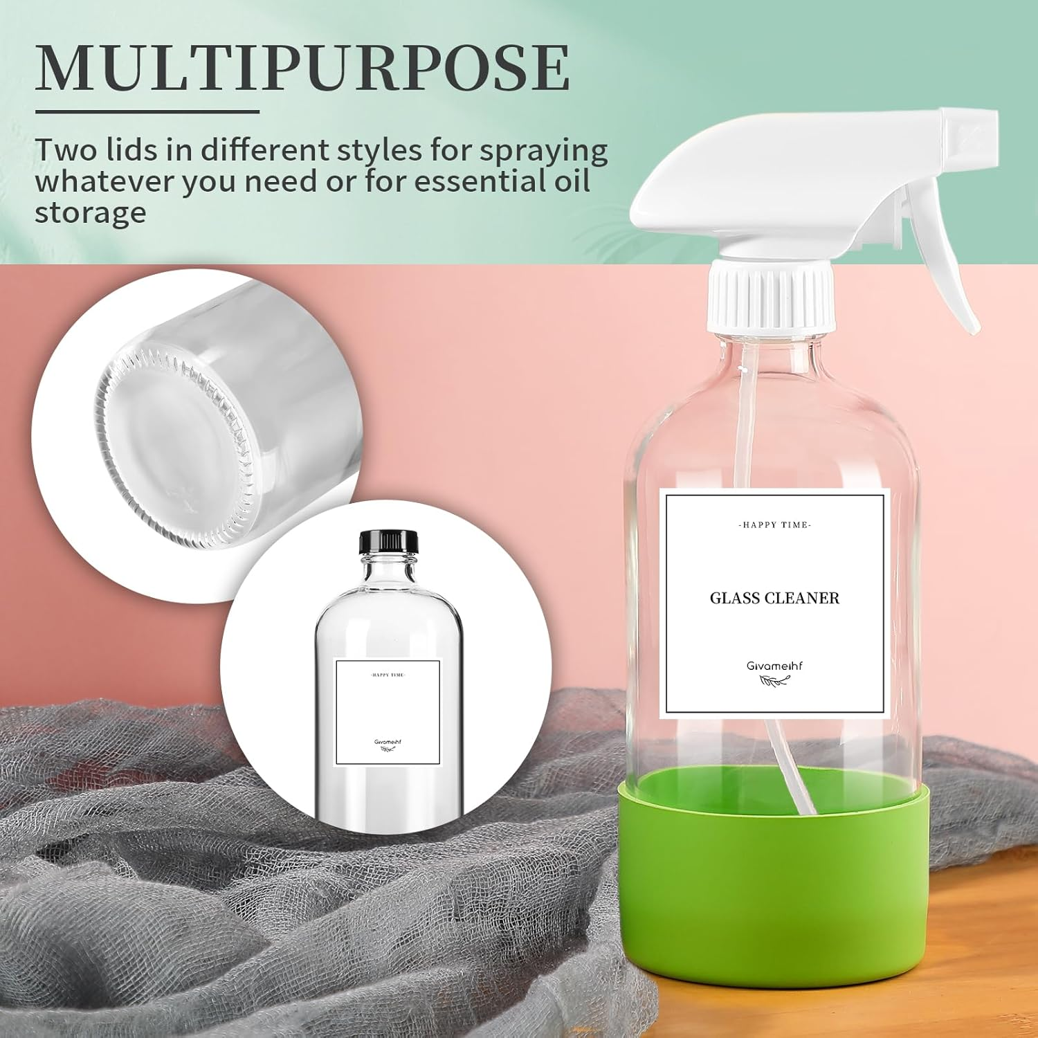 GIVAMEIHF 2 Pack Glass Spray Bottles with Silicone Sleeve,16Oz Clear Glass Spray Bottles Refillable Empty Bottle with Adjustable Nozzle,Spray Bottle for Essential Oils,Cleaning Solutions,Pets,Hair image number 5