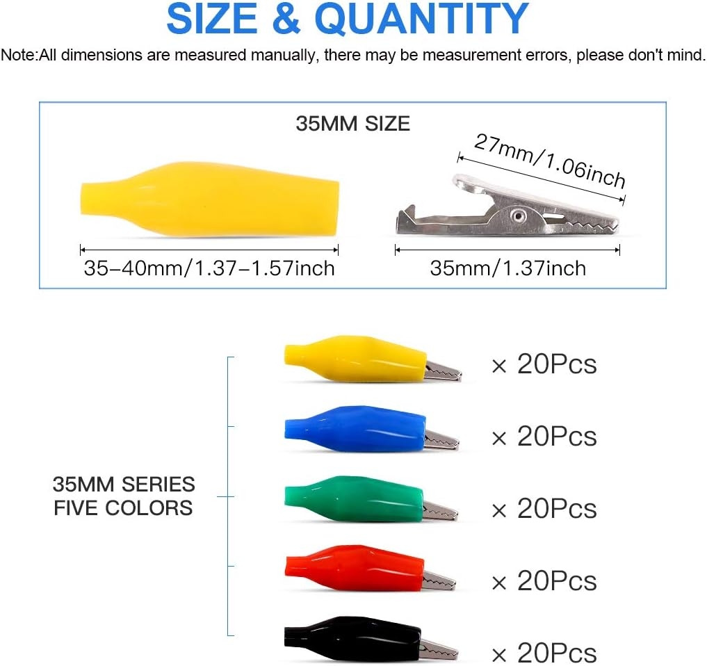 Glarks 100Pcs 1.4''/35Mm Alligator Clips Crocodile Electrical Test Clamps Jumper Helper with Protective Insulation Cover for Electrical Testing (Black, Red, Yellow, Blue, Green) image number 2