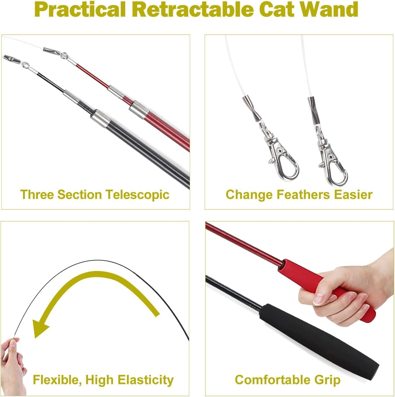 Cat Feather Toy, Retractable Cat Toys Wand 2 Wands & 9 Assorted Teaser Refills, Interactive Feather Teaser Wand Toy Bell Kitten Cat Having Fun Exerciser Playing image number 3
