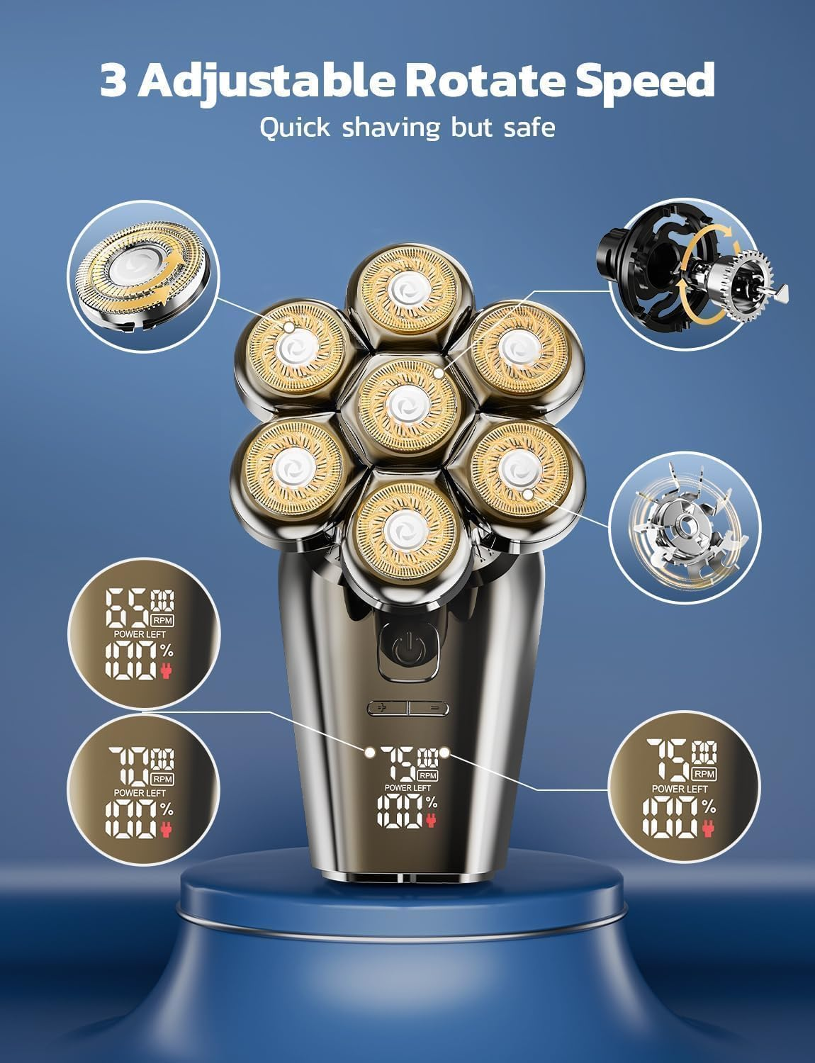 7D Portable Head Shavers for Bald Men, 9-In-1 Detachable Upgraded IPX7 Waterproof Dry/Wet Magnetic Floating Electric Razor with LED Display for Nose Hair, Beard, and Other Body Hair image number 5