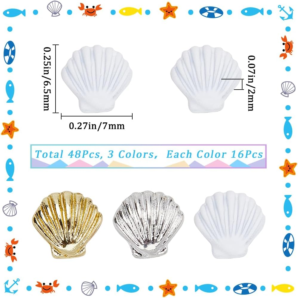 CRASPIRE 48Pcs/Box Sea Shell Nail Charms 3D 3 Colors Summer Ocean Luxury Seashell Gold Silver White Nail Gems Metal Alloy Flat Punk Studs Decor for Women Nail Art DIY Craft Jewelry Decor Accessories