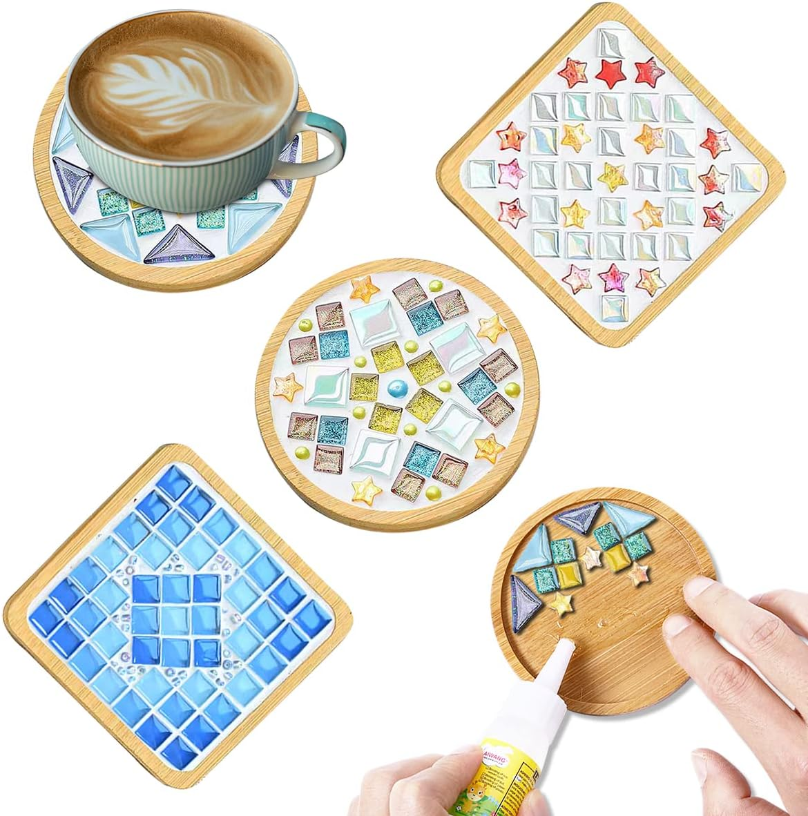 WATHFKCU 4 Sets DIY Glass Mosaic Tiles for Crafts,Mixed Color Mosaic Kits with Wooden Coaster for Adults,Mosaic Crafts Materials Package for Coaster Handmade Home Decor Gifts image number 3
