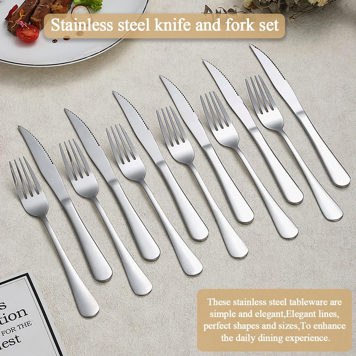 Evanda Steak Knives Set 24 Piece Service for 12, Stainless Steel 12 Dinner Forks and 12 Dinner Knives Set, Steak Knives Steak Forks, Dishwasher Safe image number 2