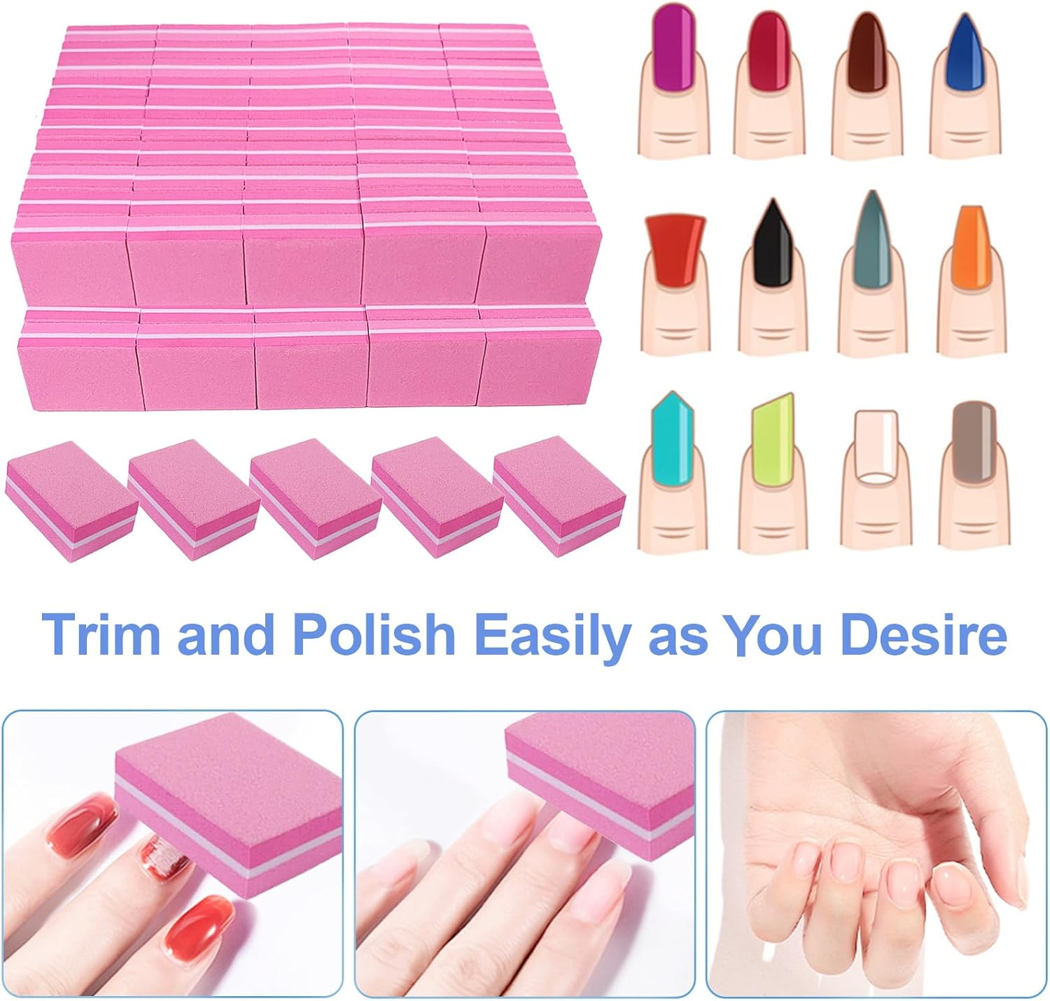 180/240 Grit Nail Buffers (100 Pack), Mini Buffer Block Nail File for Acrylic Nails and Natural Nails, Professional Nail Buffer Block Bulk Buffing Blocks for Nail Buff Manicure File Blocks Set Pink image number 1