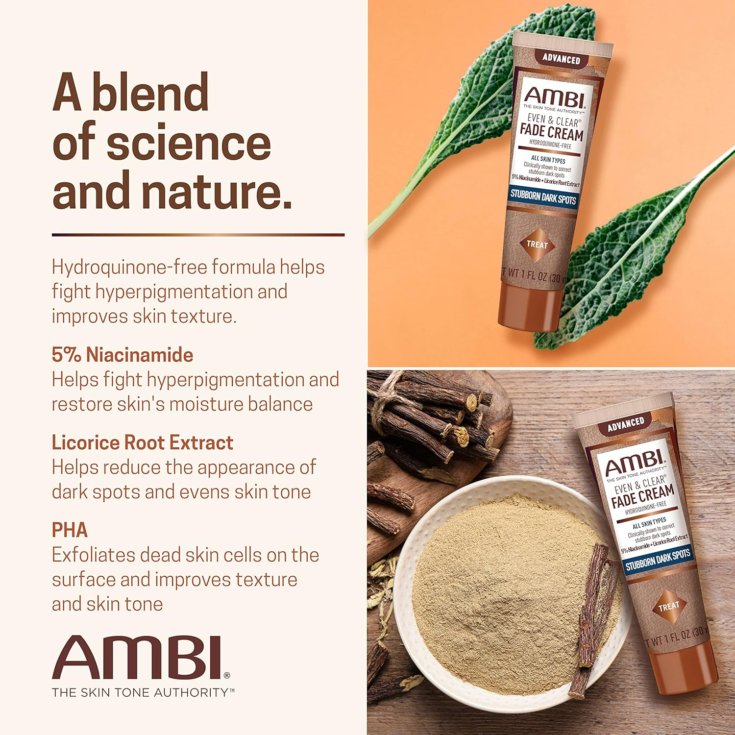 Ambi Even & Clear Advanced Fade Cream, Hydroquinone-Free, Hyperpigmentation Treatment, Stubborn Dark Spot Corrector, Results in as Little as 2-3 Weeks, Niacinamide, Licorice Root Extract, PHA, 1 Fl Oz image number 5