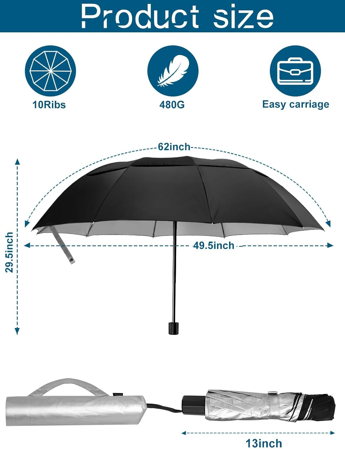 Kalolary 62 Inch Extra Oversize Large Compact Golf Umbrella，Double Canopy Vented Windproof Waterproof Stick Umbrellas for Women & Men image number 4