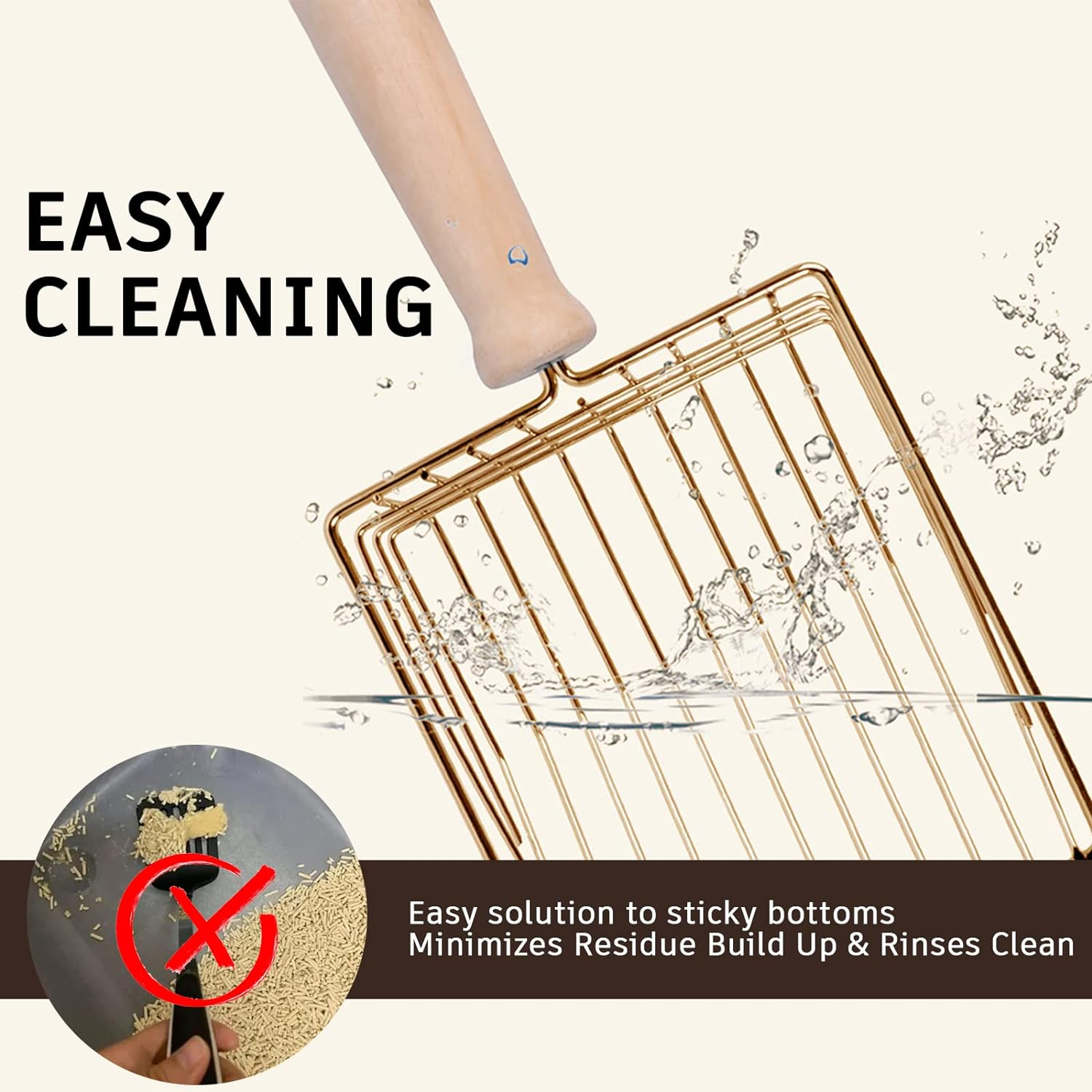 Cat Litter Scoop Stainless Steel Metal, Non-Slip Beech Handle Kitten Deep Shovel Holder for Maximum Sifting, Non Stick Scoop Sifter Cat Litter Shovel Cleaning Scoop image number 3