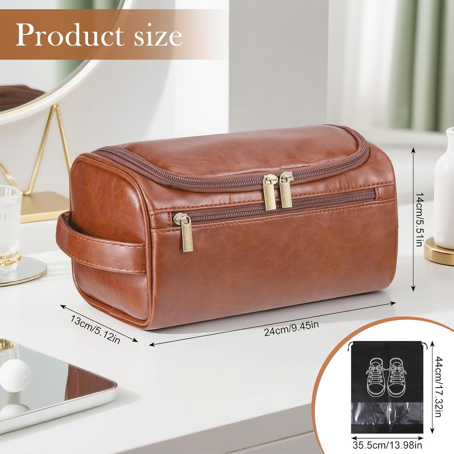 Zocipro Leather Toiletry Bag for Men, PU Artificial Leather Wash Bag for Travel, Gym & Shaving, Dry & Wet Separation with 3 Compartments - Perfect Men'S Hanging Washbag with Shoe Bag