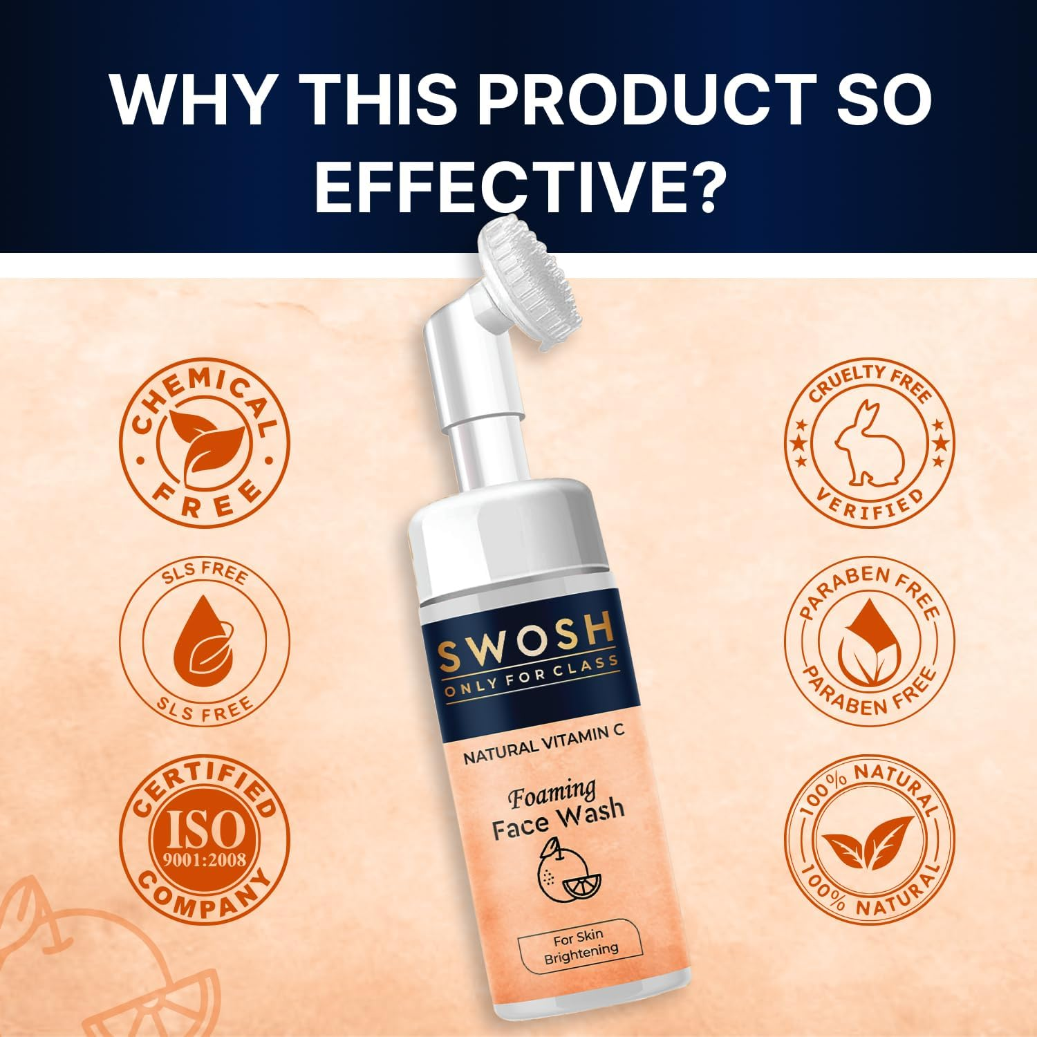 SWOSH Natural Vitamin C Foaming Face Wash for Pimple Prone & Oily Skin - No Parabens, Sulphate, Silicones & Colour (With Built-In Face Brush), 100 Ml/ 3.38 Fl Oz