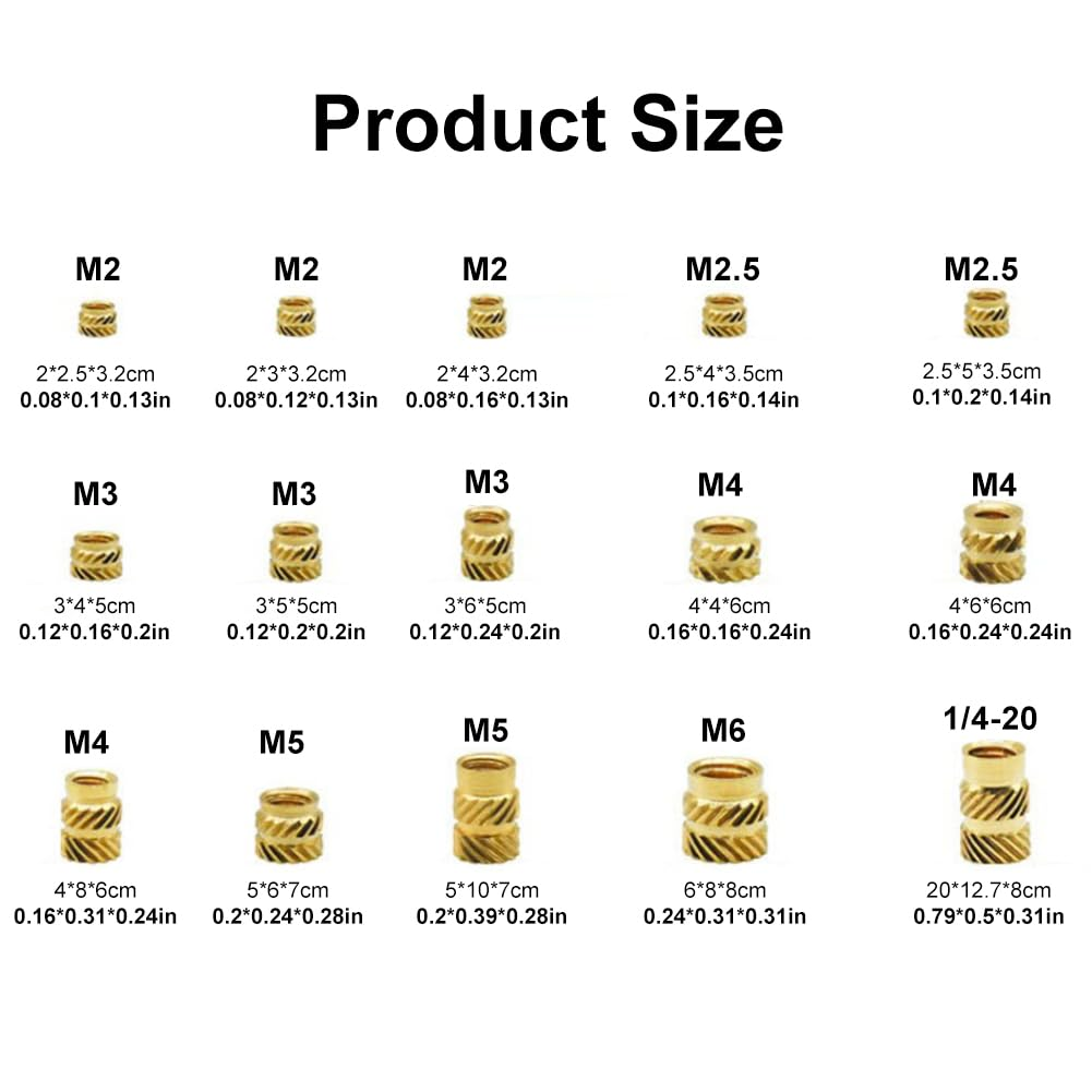 300Pcs M2 M3 M4 M5 M6 Brass Threaded Inserts, Brass Heat Set Insert for Plastic Parts, Threaded Insert Set for 3D Printing Injection Molding(Color:As Shown) image number 3