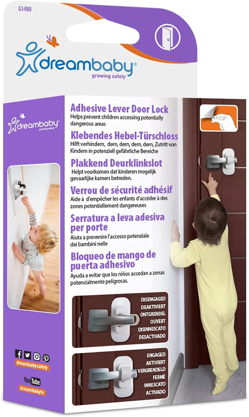 Dreambaby Adhesive Lever Door Handle Lock - Child Safety Locks for Doors & Handles - Suitable for Most Lever Door Handles