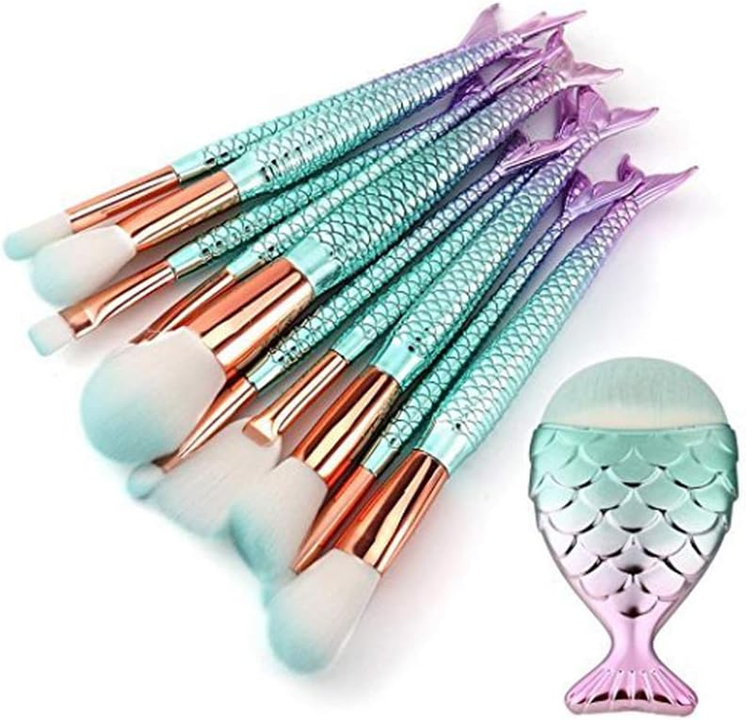 10Pcs Makeup Brush Set Beauty Tools Mermaid Cosmetic Brushes Professional Fishtail Bottom Blush Kit