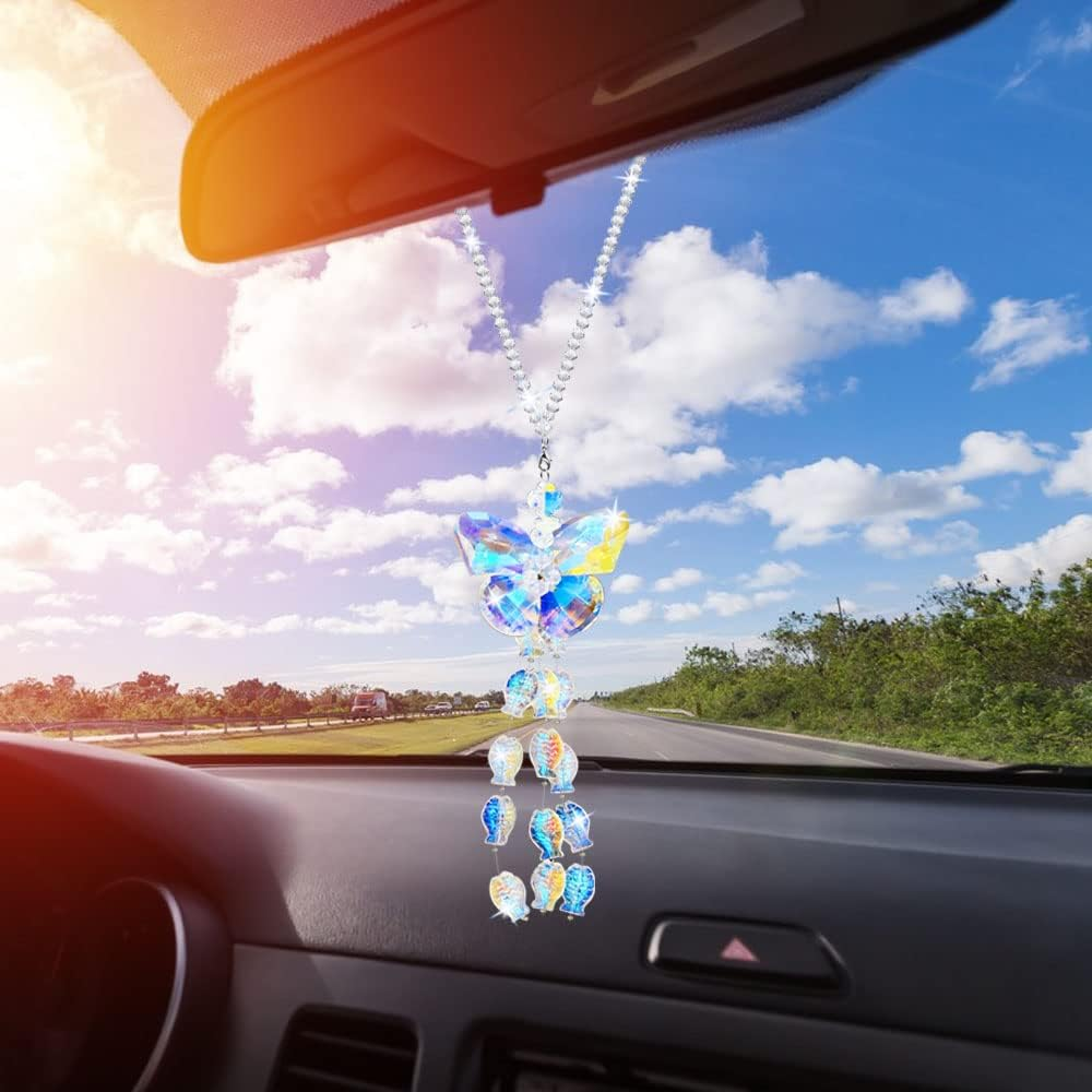 AFUNTA Crystal Butterfly Car Mirror Accessories, Rear View Charms with Colored Fish Hanging Crystals for Decoration image number 1