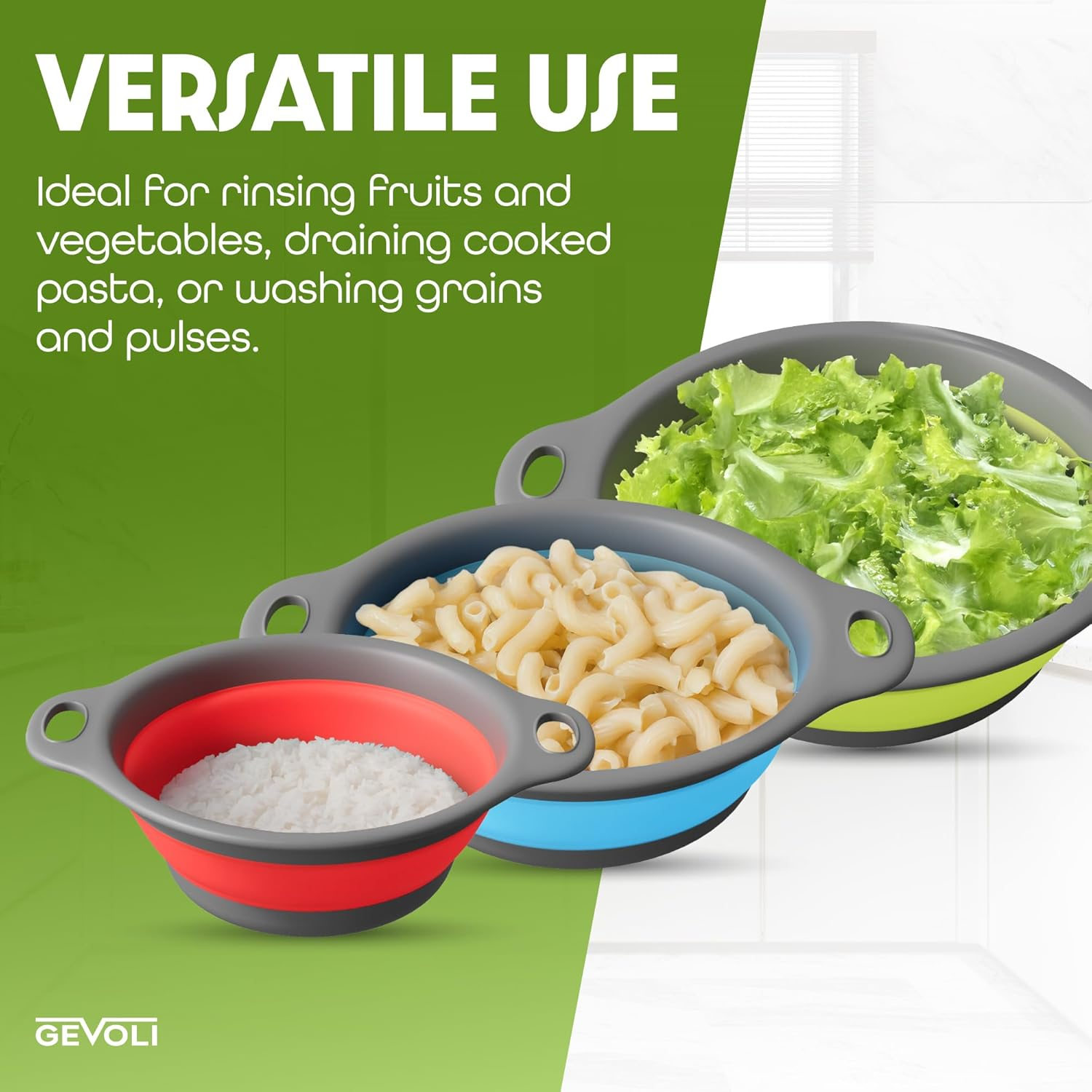 Gevoli Collapsible Colanders with Self-Draining Base for Edge of Sink, Food Strainers (Small/Med/Large), Nested Design for Easy Storage (Red, Blue, Green) (4PC Set) image number 6