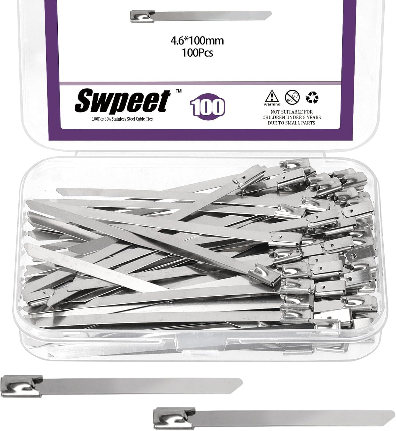 Swpeet 100Pcs 100Mm/ 3.9 Inch 304 Stainless Steel Zip Ties Assortment Kit, Multifunctional Metal Zip Ties, Heavy Duty Self-Locking Cable Ties for Machinery, Vehicles, Farms, Cables, Pipes, Fence image number 5
