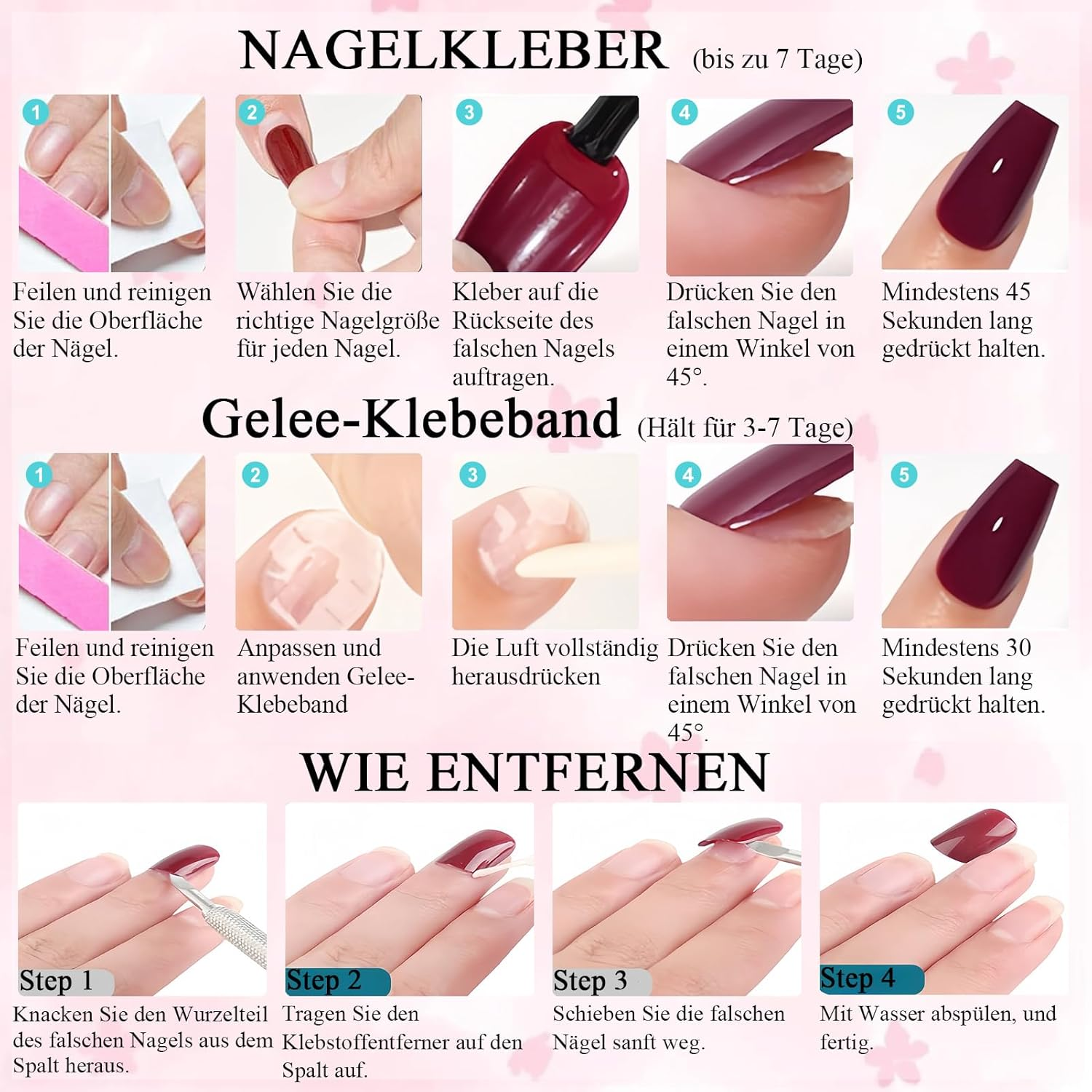 Virellay Almond Fake Nails, Artificial Fingernails, Press on Nails Almond (Pink Bow Flower French, 24 Pieces) image number 5