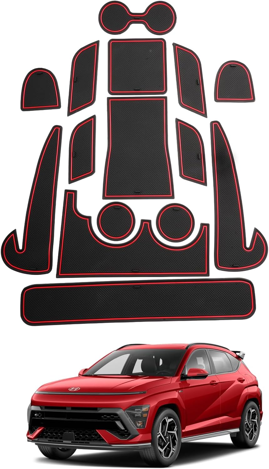 SHAOHAO Compatible with Hyundai Kona SX2 2024 2025 2026 Rubber Mats Centre Console Non-Slip Mats Drink Holder Mat Door Slot Mat Storage Box Hyundai Kona Accessories Red