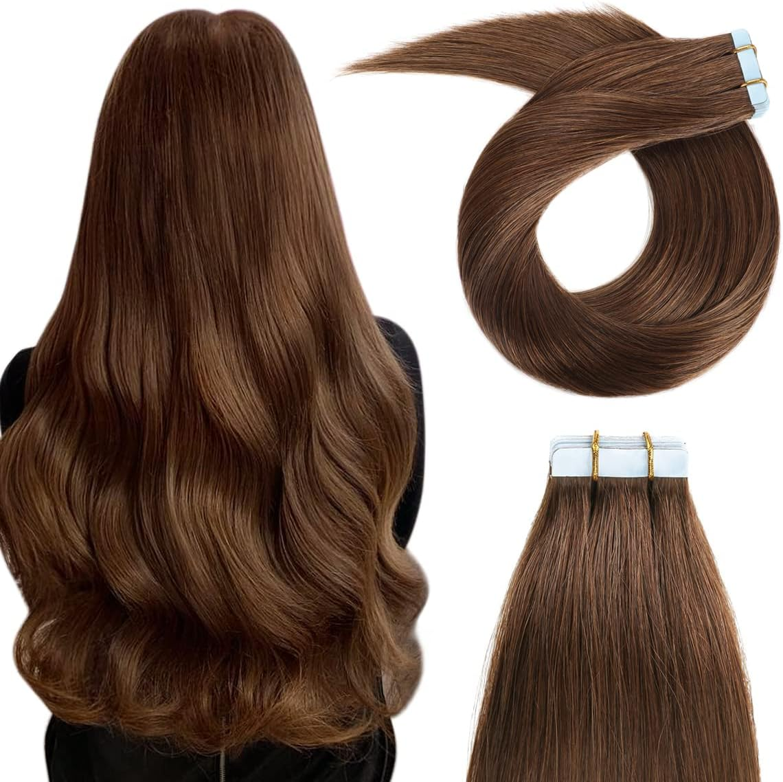 YILITE Tape-In Real Hair Extensions 45 Cm Darkest Brown Silky Straight Seamless Skin Weft Tape Hair Extensions 18 Inches 50 G 20 Pieces/Pack Tape in Hair Extensions (45 Cm #2 Darkest Brown) image number 6