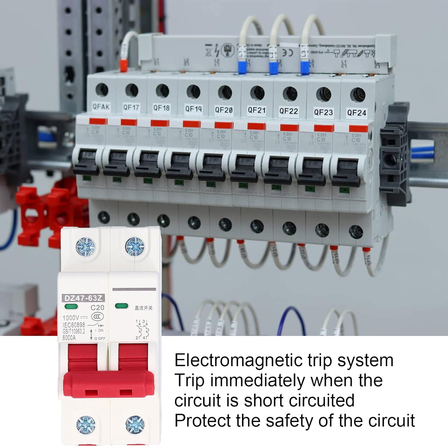 DC Miniature Circuit Breaker, Din Rail Mount Disconnect Switch Low Voltage Breaker Protector Thermal Magnetic Trip 2 Pole 1000V 20 Amp Isolator Suitable for Solar Panels Grid System image number 3